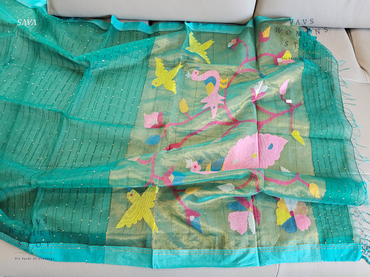 Green Shade Pure Muslin Silk Saree with Sequins Work & Paithani Pallu