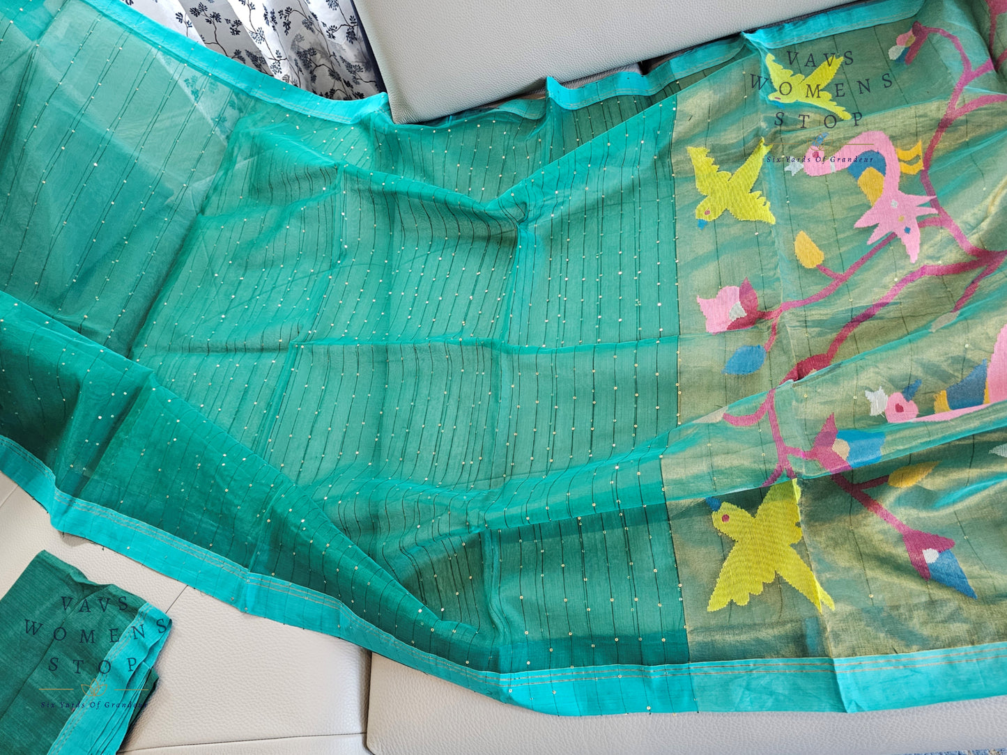 Green Shade Pure Muslin Silk Saree with Sequins Work & Paithani Pallu
