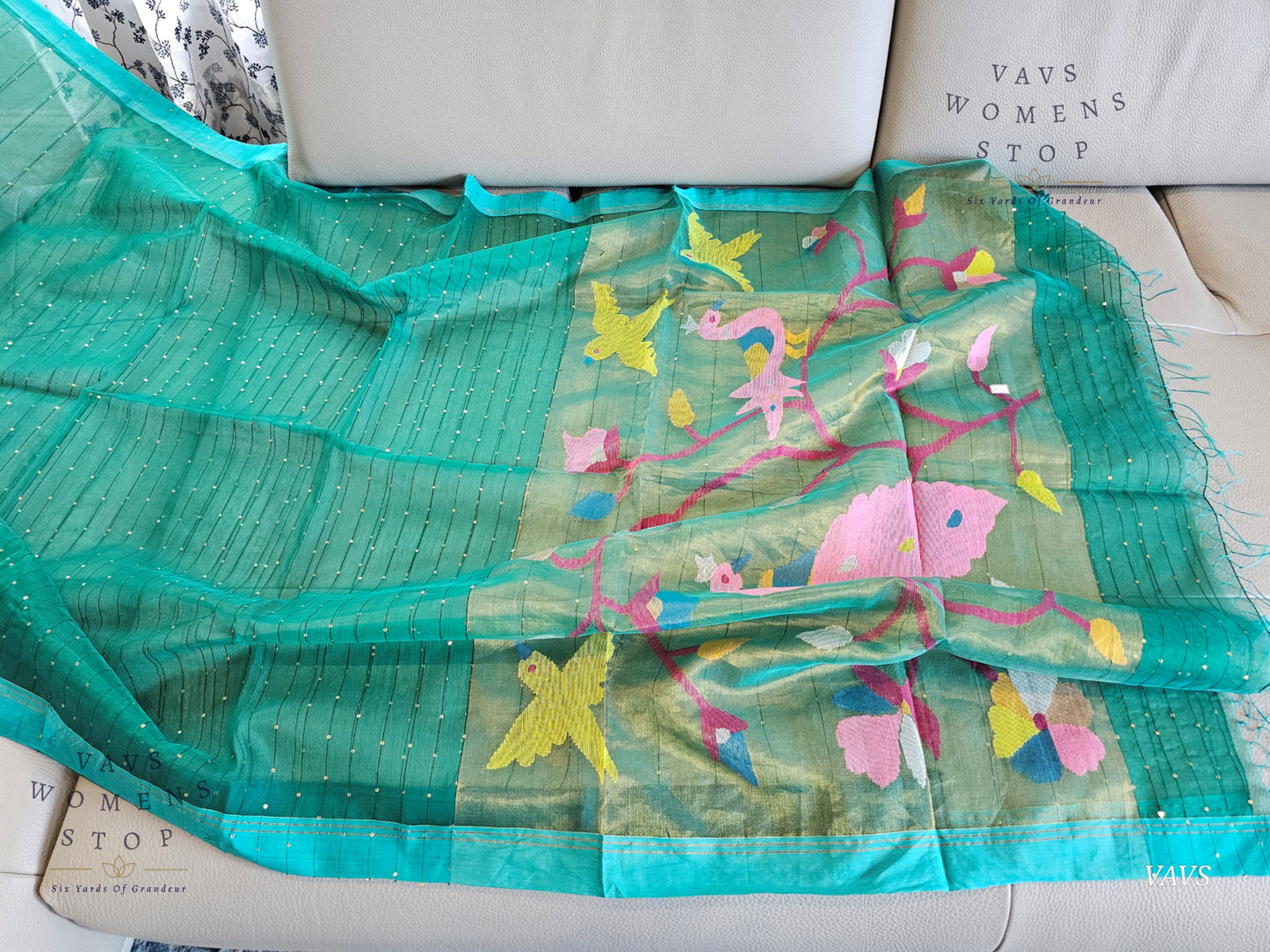 Green Shade Pure Muslin Silk Saree with Sequins Work & Paithani Pallu