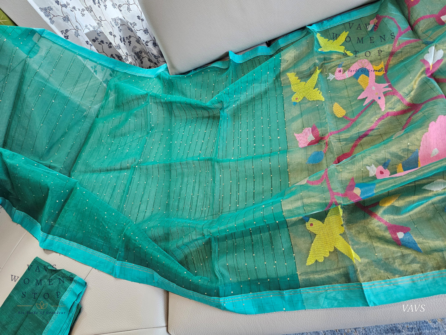 Green Shade Pure Muslin Silk Saree with Sequins Work & Paithani Pallu