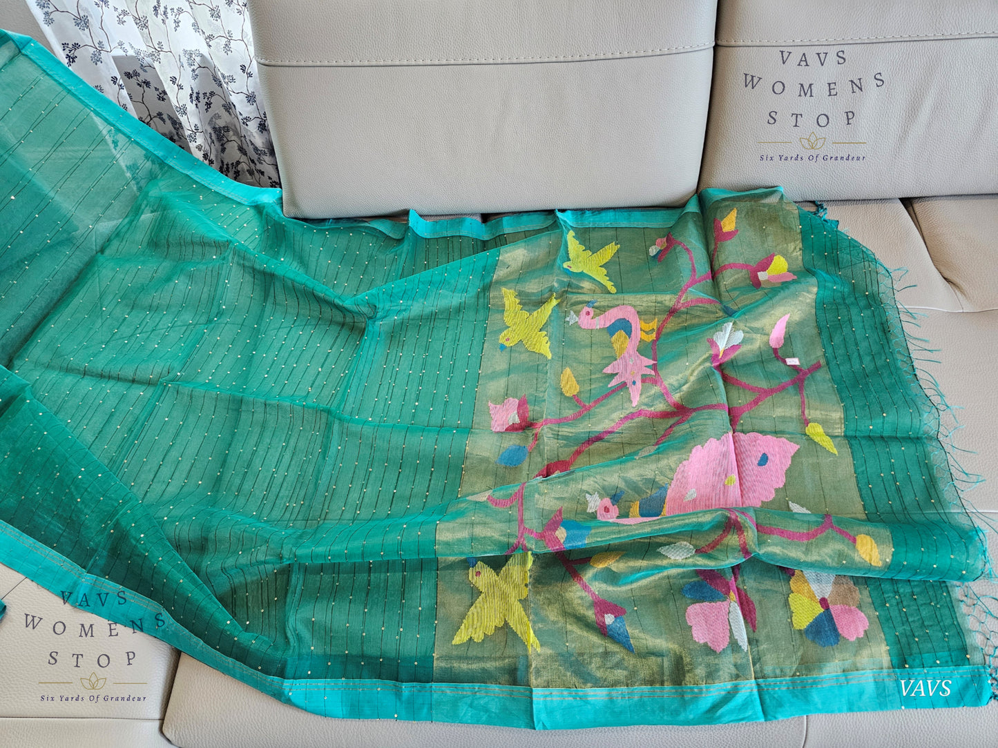 Green Shade Pure Muslin Silk Saree with Sequins Work & Paithani Pallu