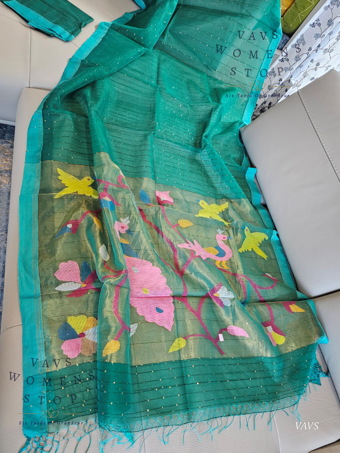 Green Shade Pure Muslin Silk Saree with Sequins Work & Paithani Pallu