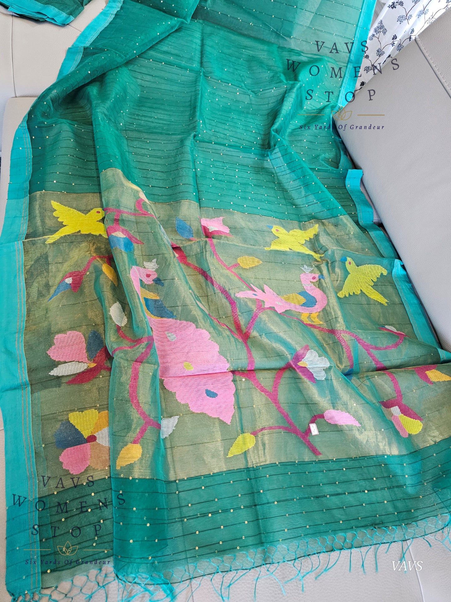 Green Shade Pure Muslin Silk Saree with Sequins Work & Paithani Pallu