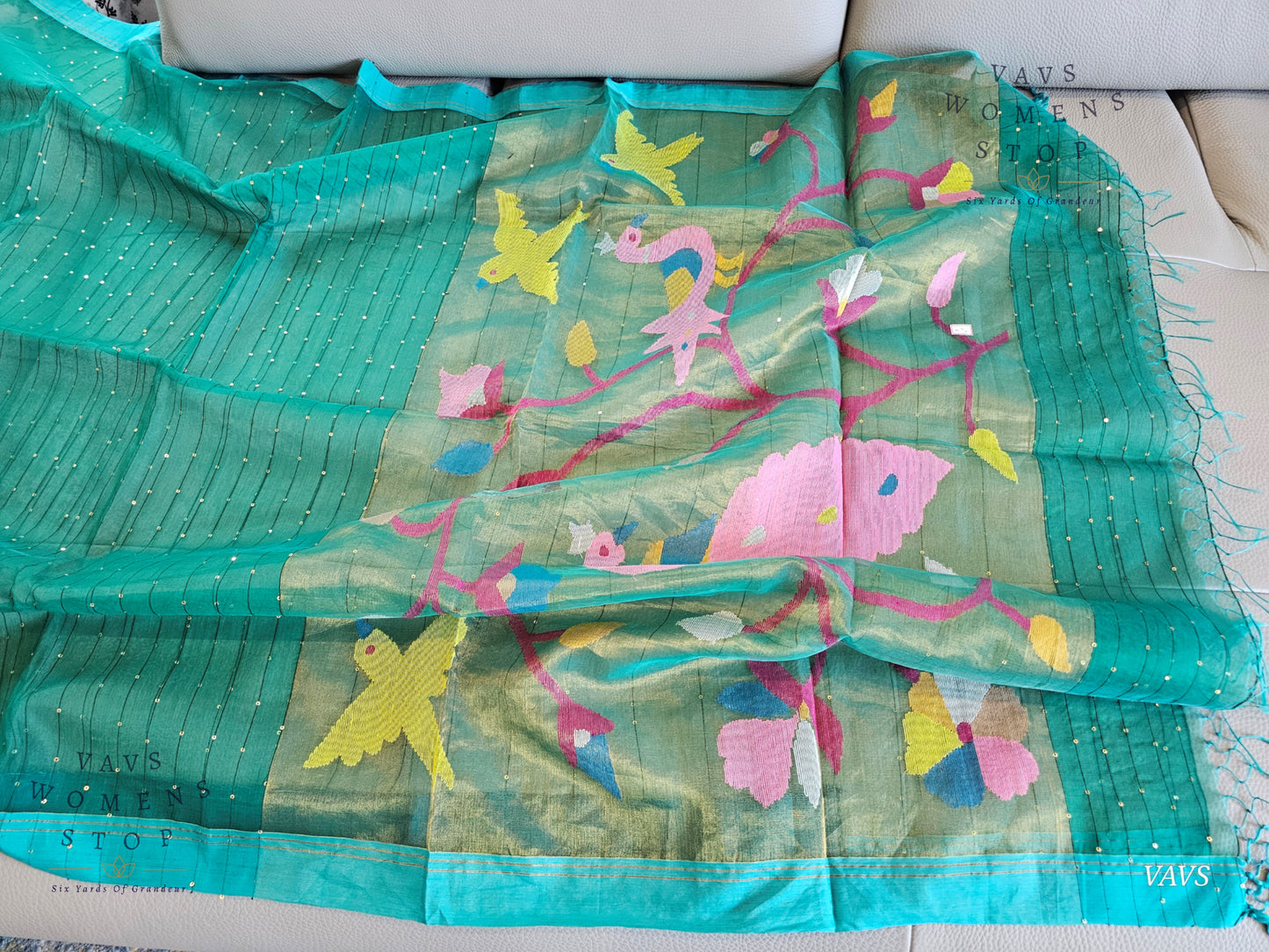 Green Shade Pure Muslin Silk Saree with Sequins Work & Paithani Pallu