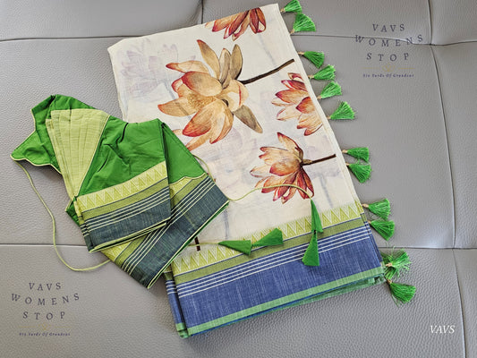 Khadi Cotton Digital Print Saree with Stitched Blouse