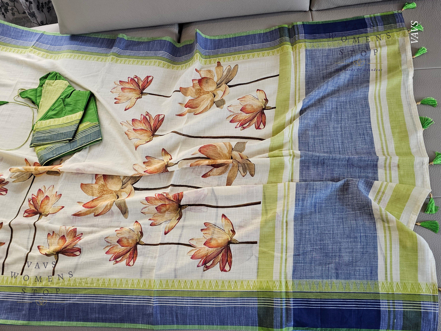 Khadi Cotton Digital Print Saree with Stitched Blouse