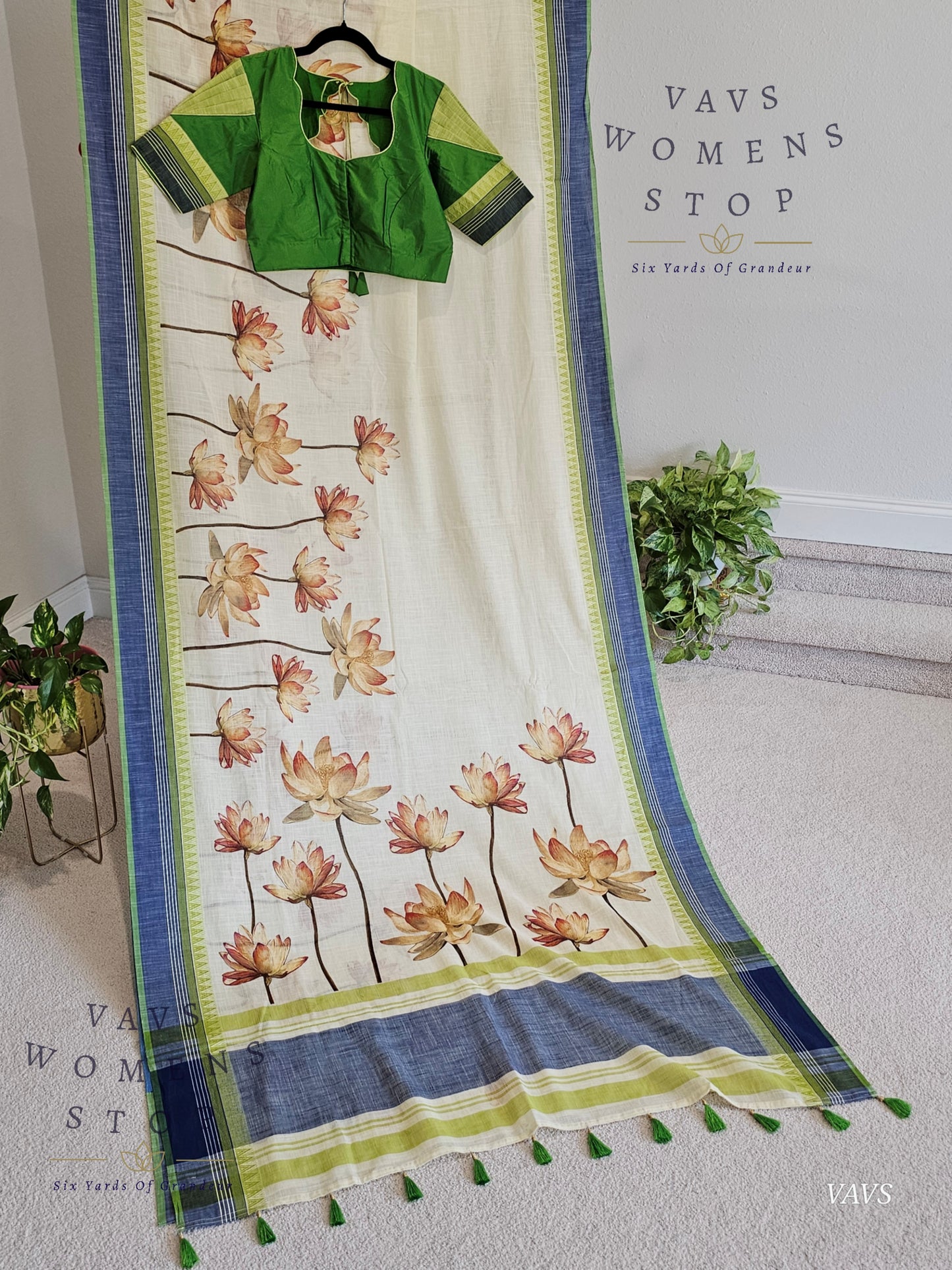 Khadi Cotton Digital Print Saree with Stitched Blouse