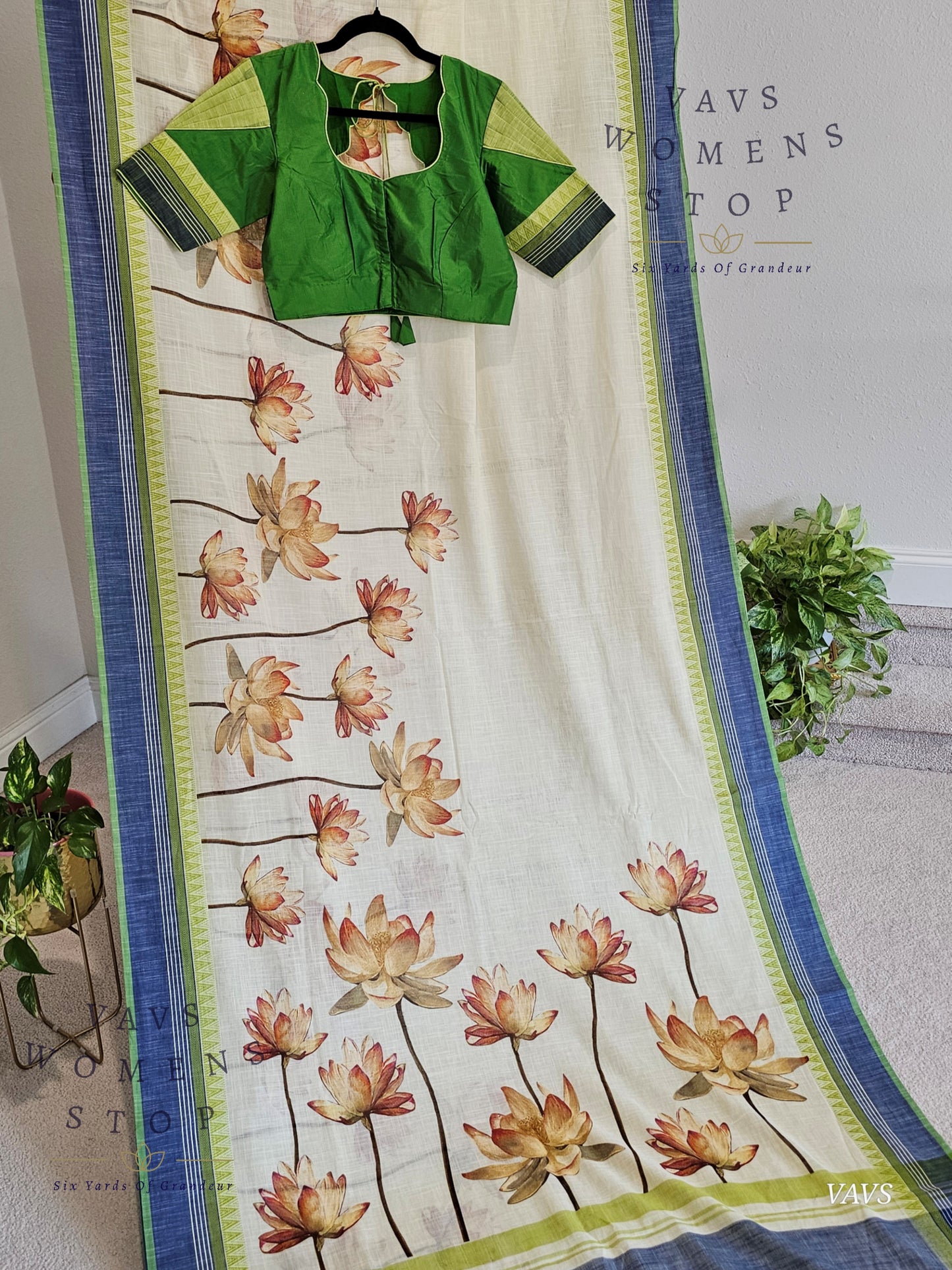 Khadi Cotton Digital Print Saree with Stitched Blouse