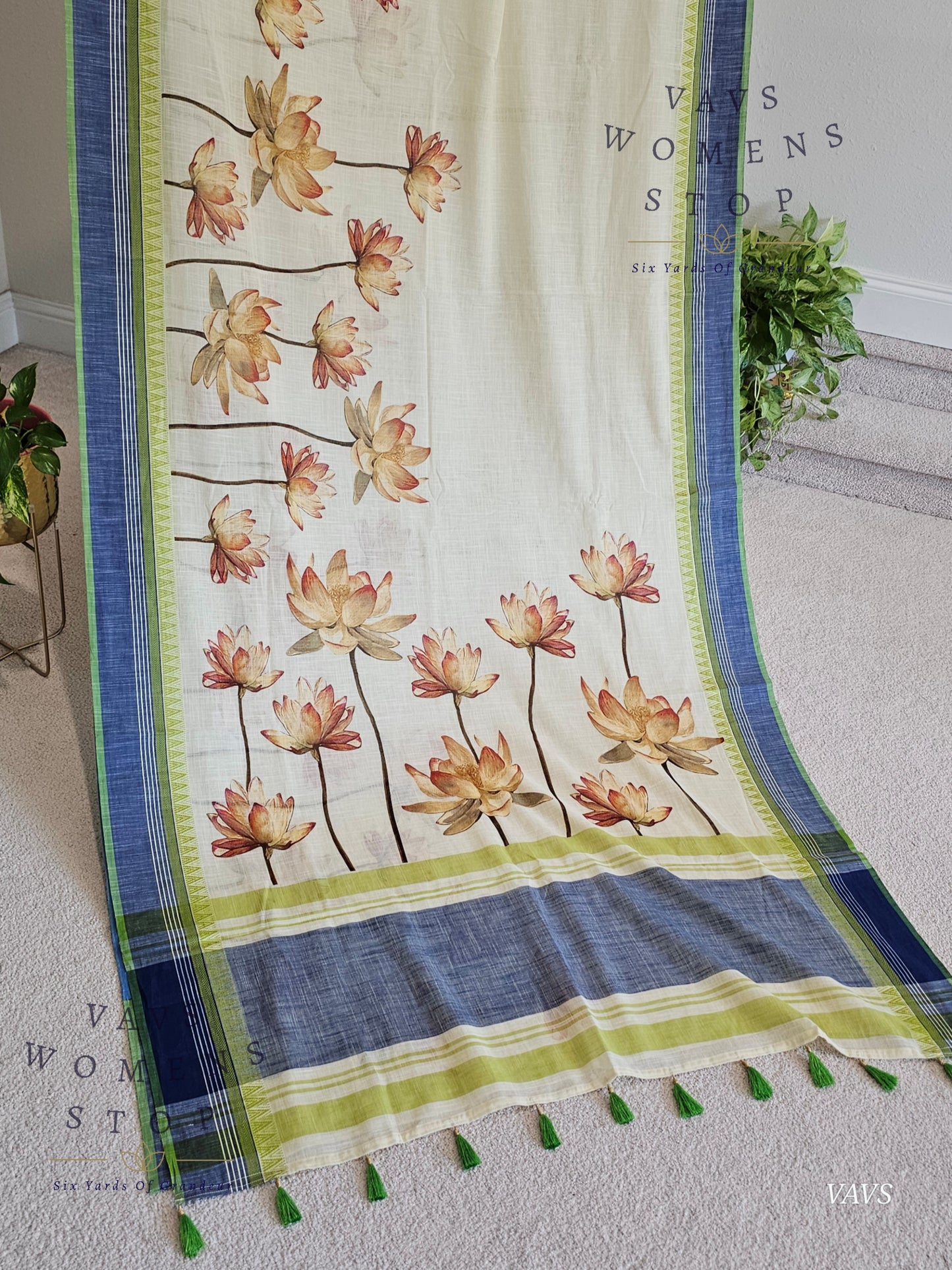Khadi Cotton Digital Print Saree with Stitched Blouse