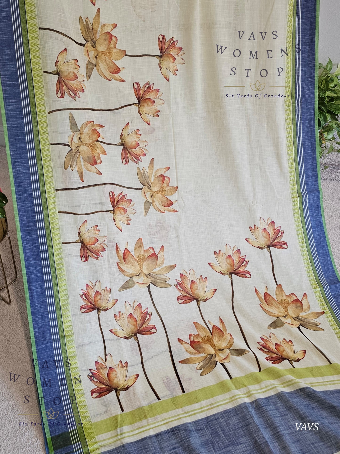 Khadi Cotton Digital Print Saree with Stitched Blouse