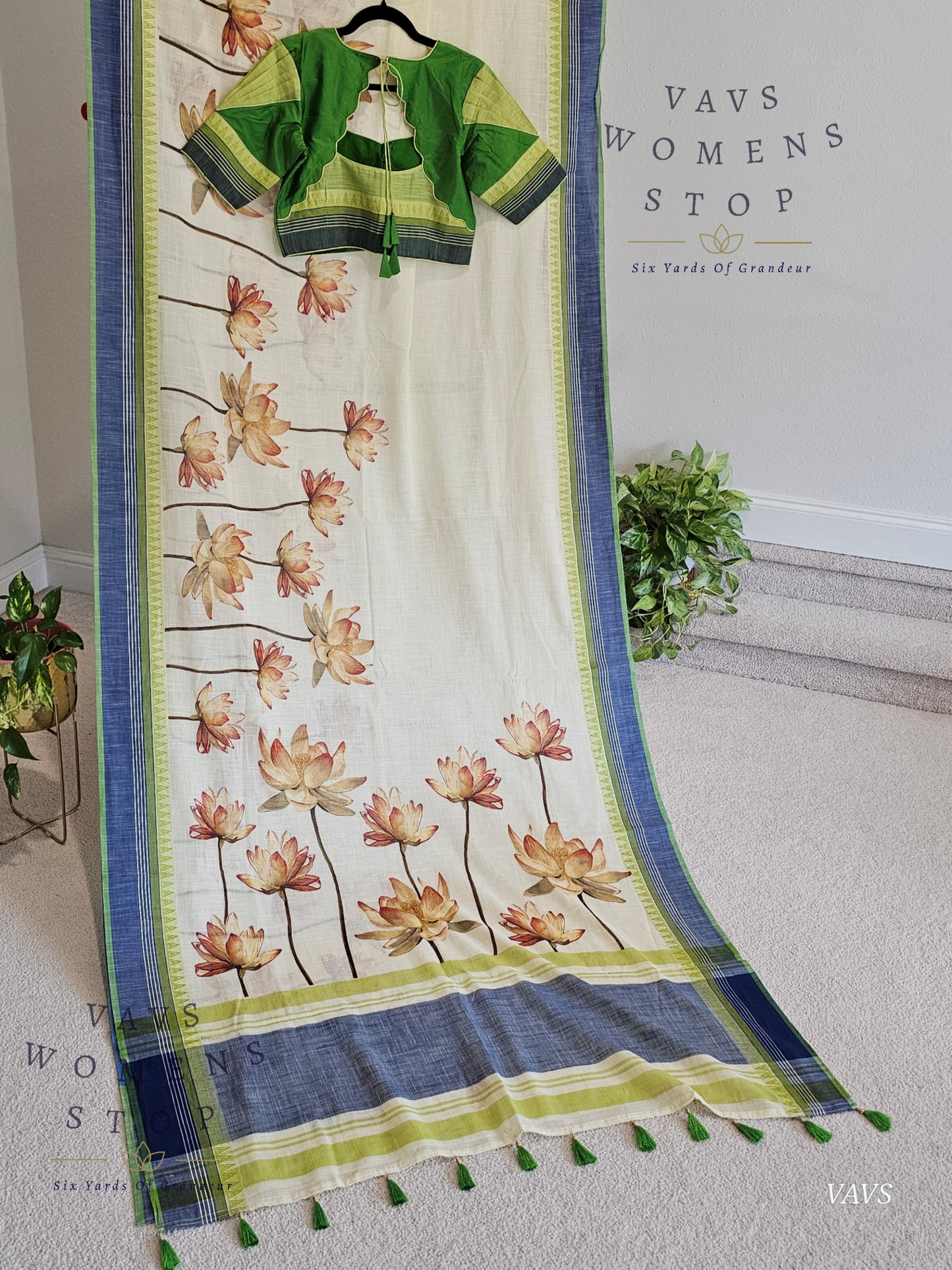 Khadi Cotton Digital Print Saree with Stitched Blouse