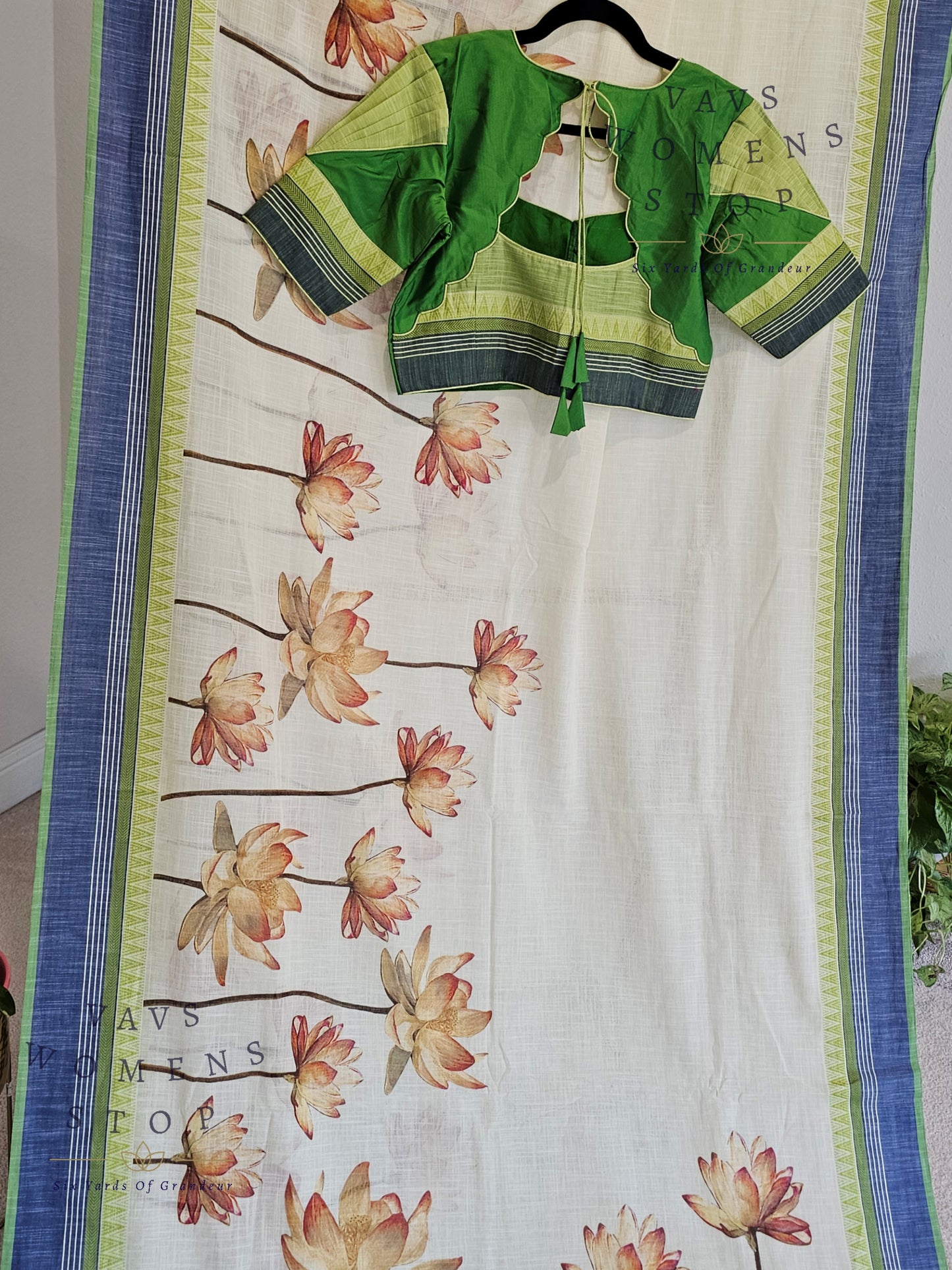 Khadi Cotton Digital Print Saree with Stitched Blouse