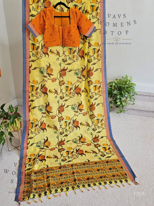 Khadi Cotton Digital Print Saree with Stitched Blouse