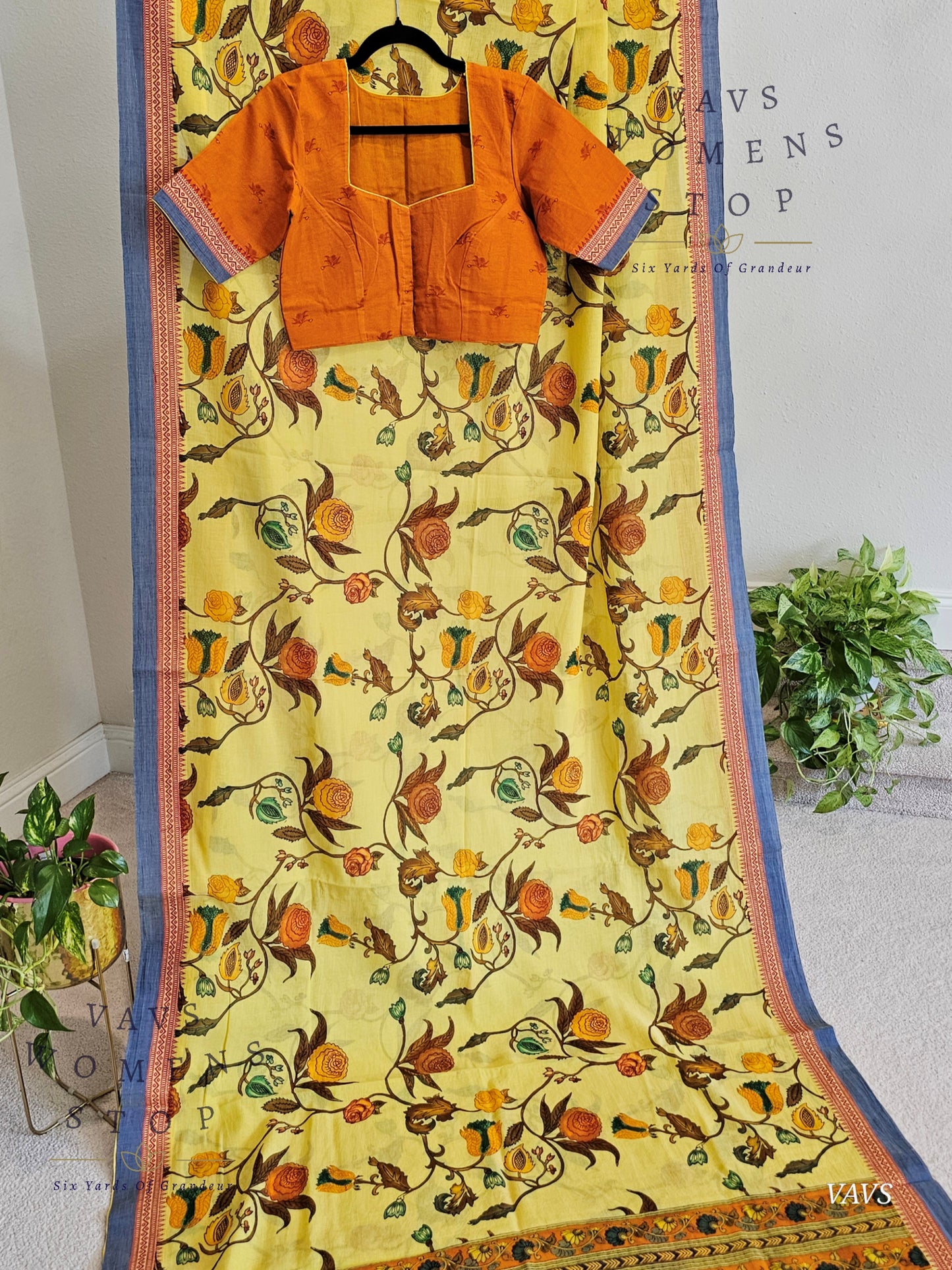 Khadi Cotton Digital Print Saree with Stitched Blouse