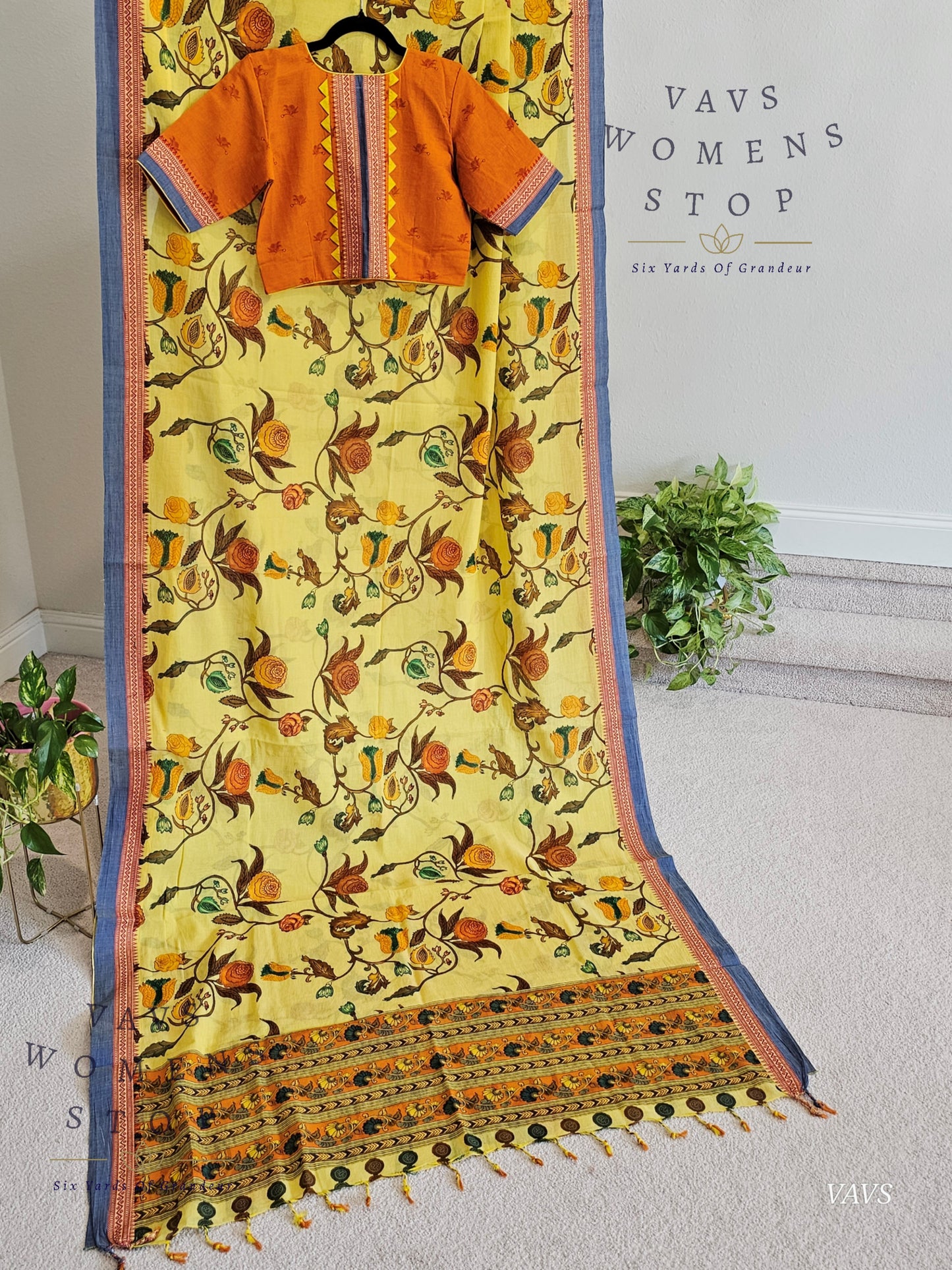 Khadi Cotton Digital Print Saree with Stitched Blouse