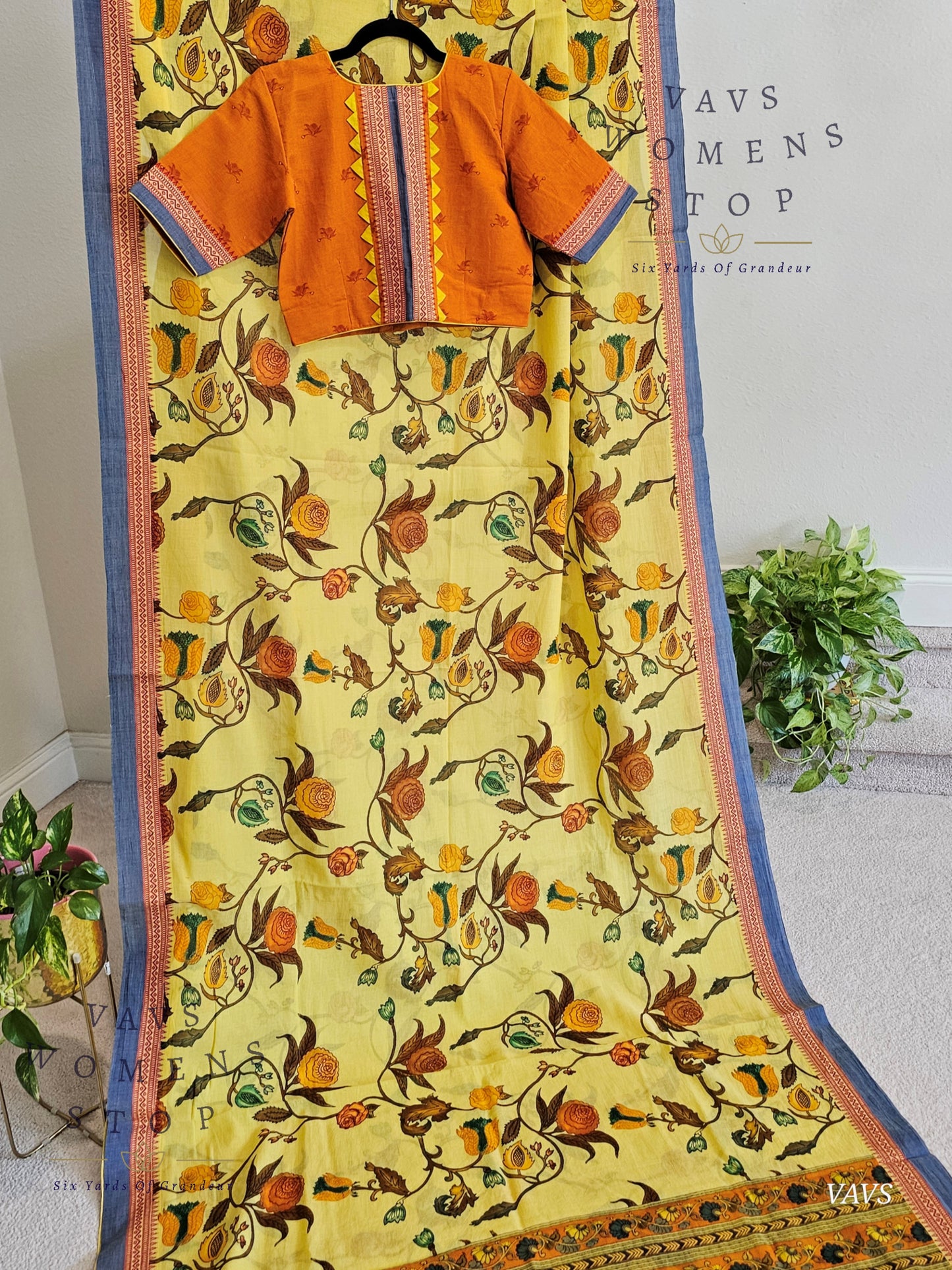 Khadi Cotton Digital Print Saree with Stitched Blouse