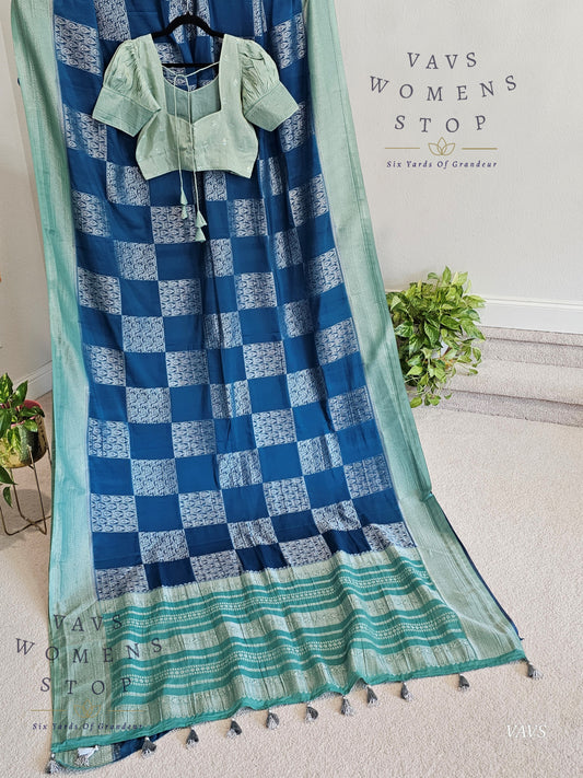 Teal Blue Shade Semi-Crepe Chiffon Saree with Sea Green Border | Stitched Blouse Included