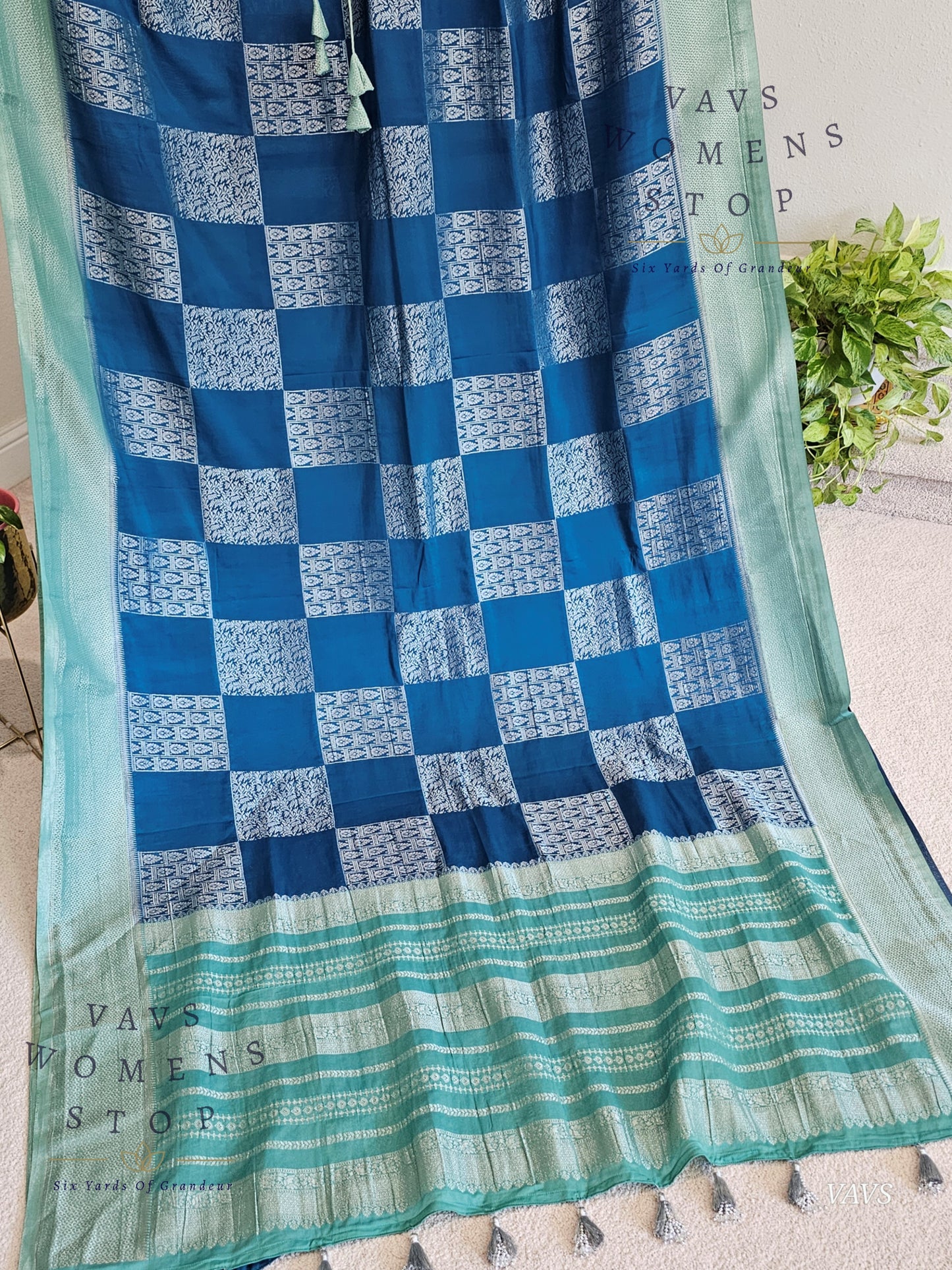 Teal Blue Shade Semi-Crepe Chiffon Saree with Sea Green Border | Stitched Blouse Included