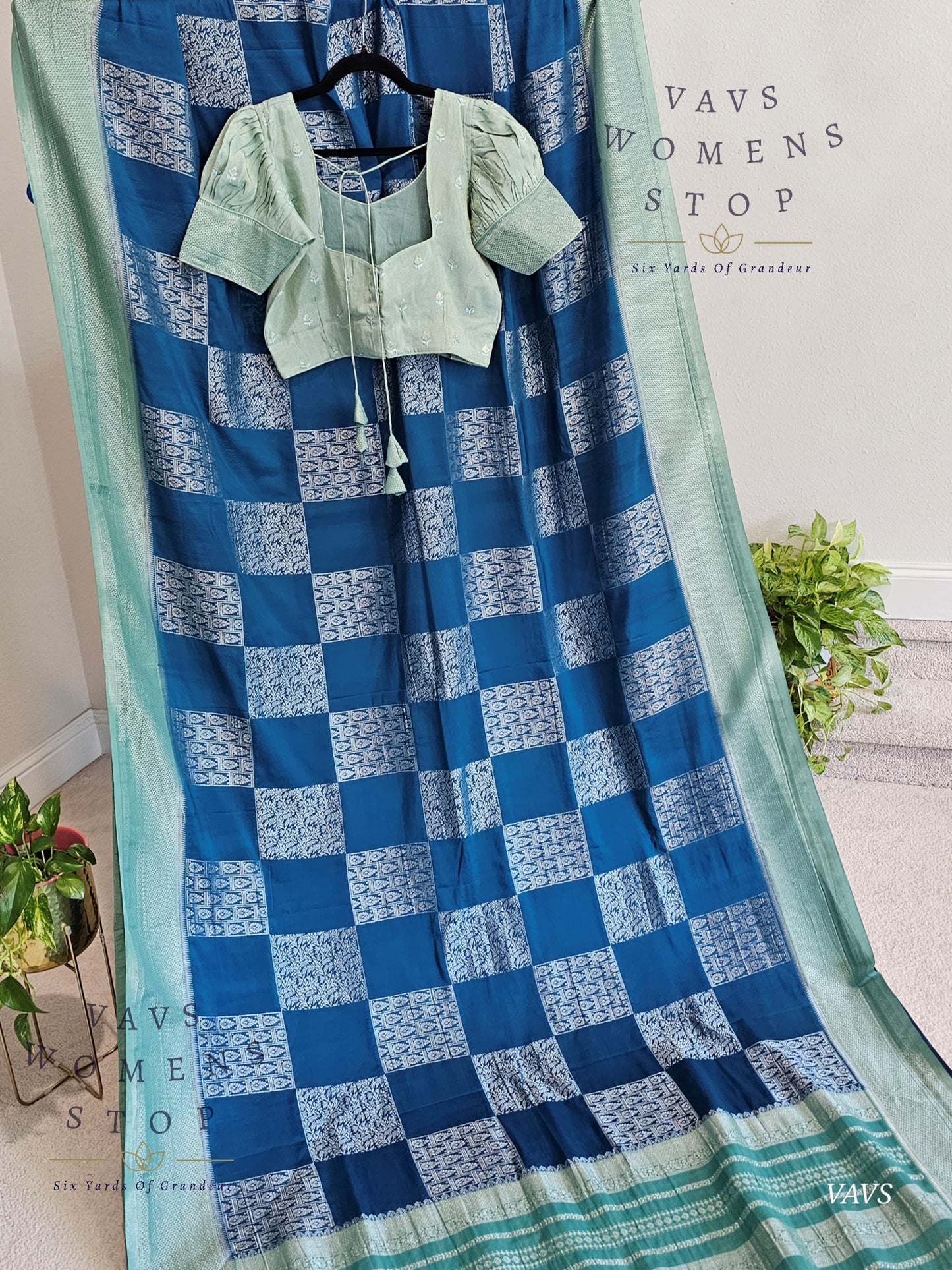 Teal Blue Shade Semi-Crepe Chiffon Saree with Sea Green Border | Stitched Blouse Included