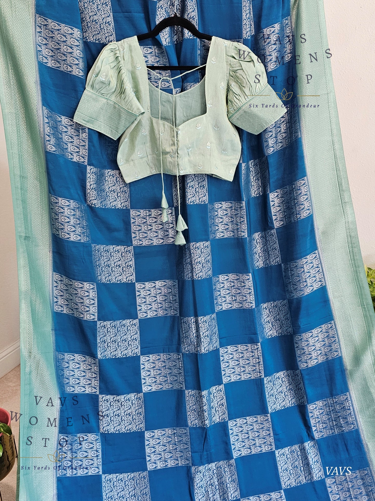 Teal Blue Shade Semi-Crepe Chiffon Saree with Sea Green Border | Stitched Blouse Included