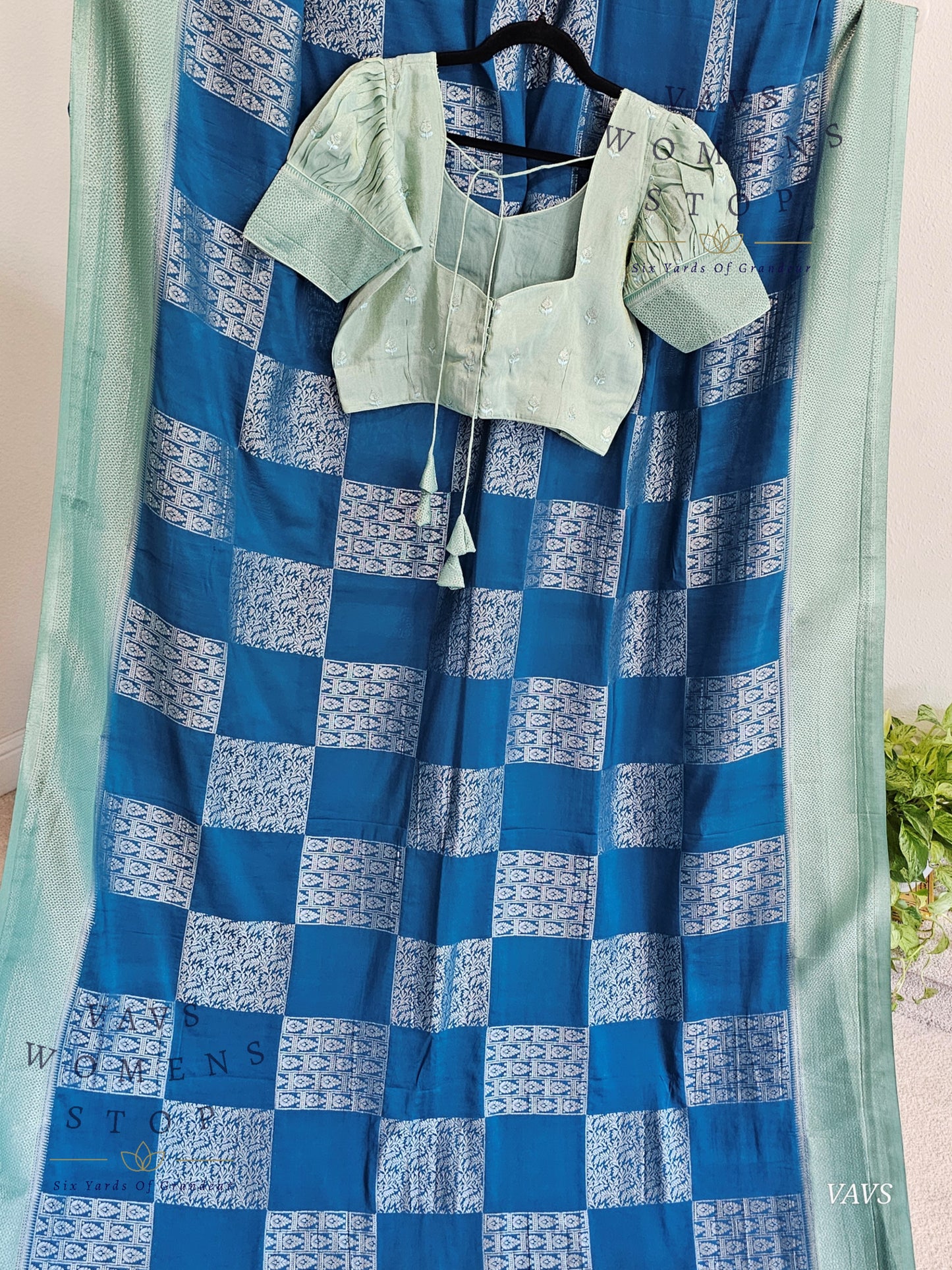 Teal Blue Shade Semi-Crepe Chiffon Saree with Sea Green Border | Stitched Blouse Included