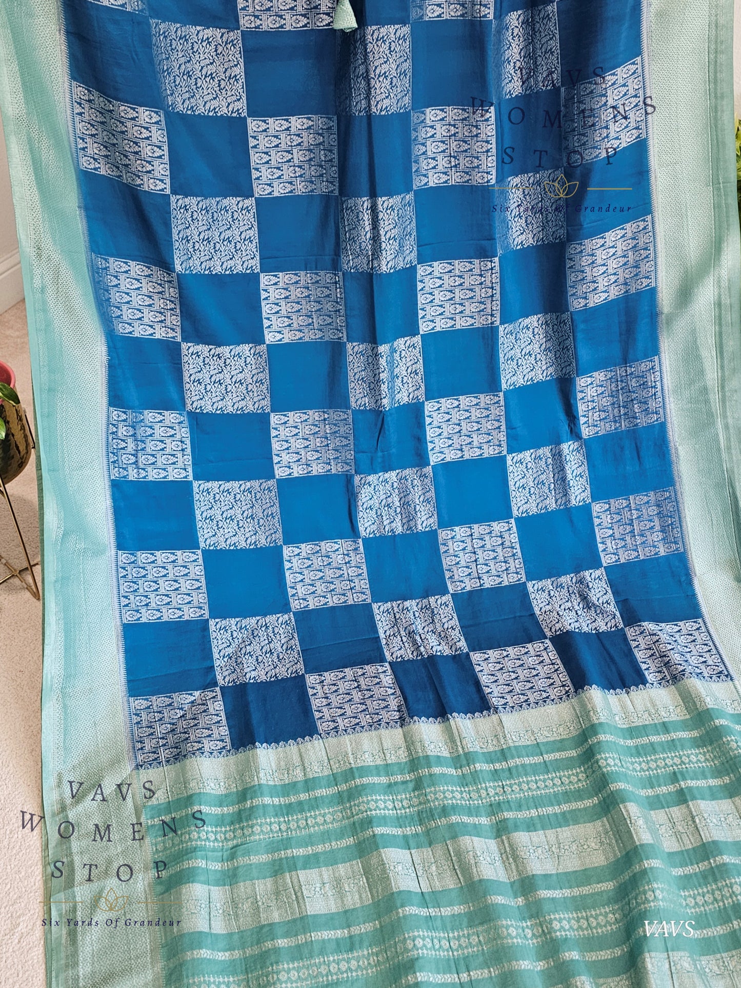 Teal Blue Shade Semi-Crepe Chiffon Saree with Sea Green Border | Stitched Blouse Included