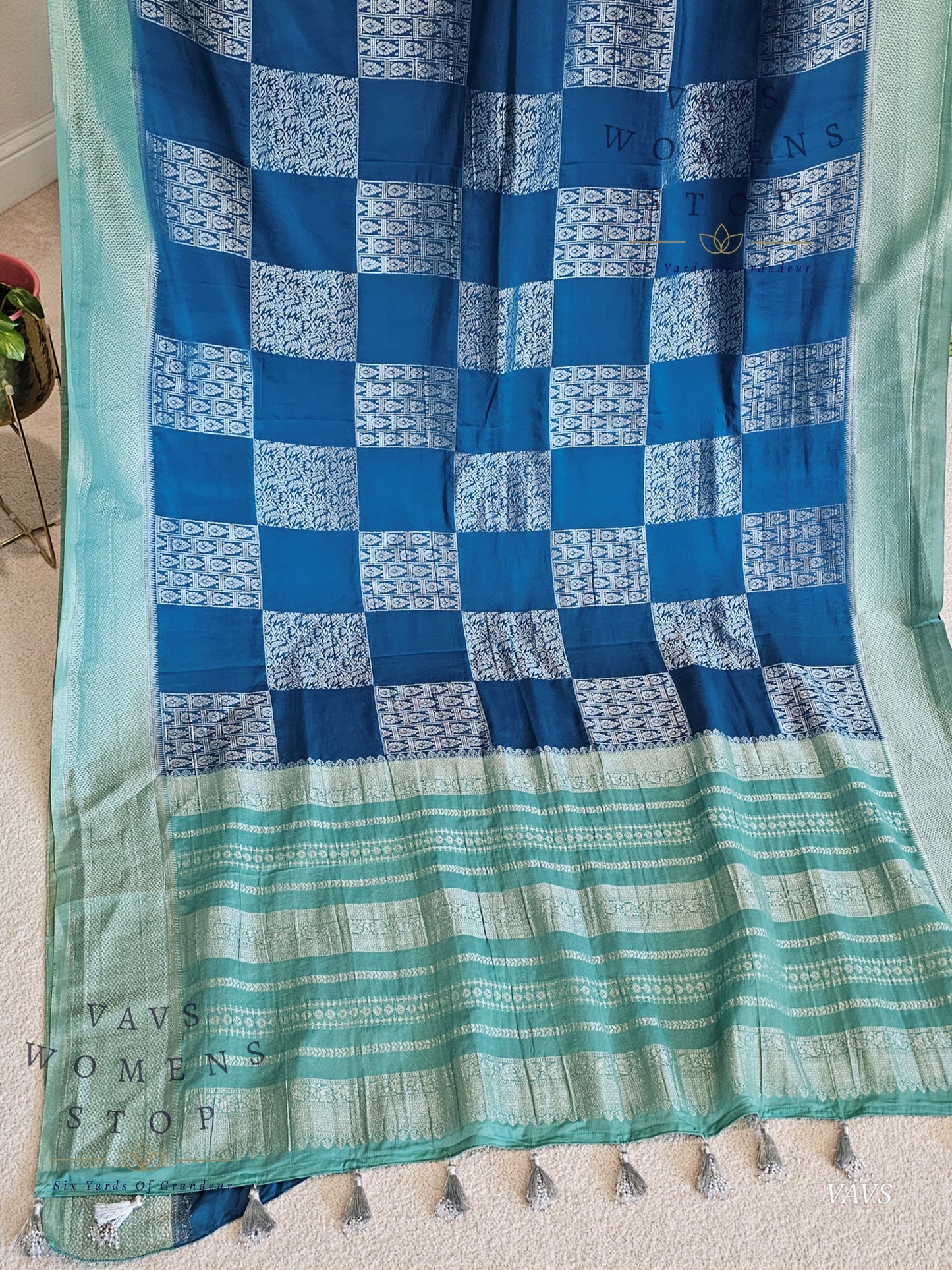 Teal Blue Shade Semi-Crepe Chiffon Saree with Sea Green Border | Stitched Blouse Included