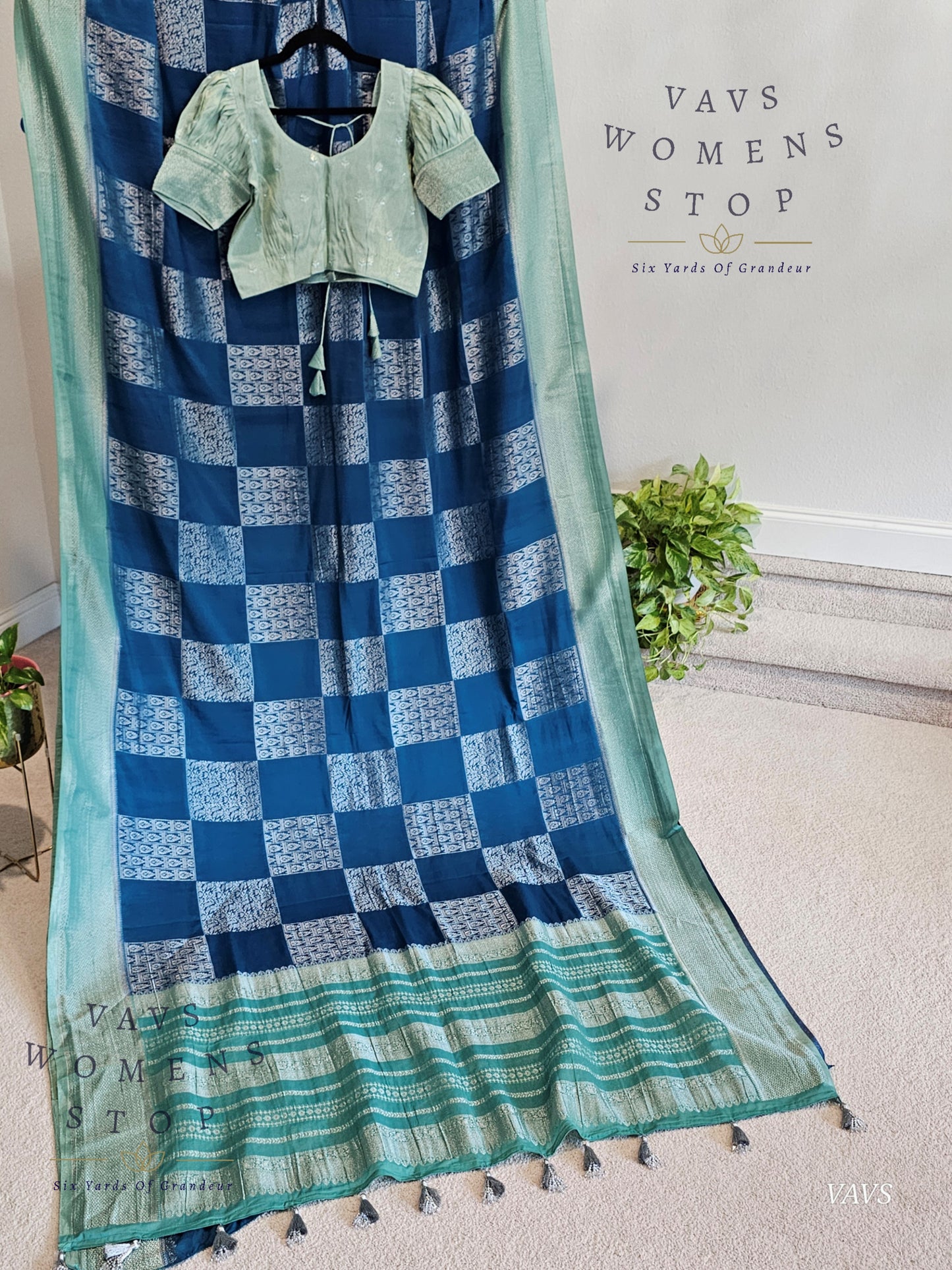 Teal Blue Shade Semi-Crepe Chiffon Saree with Sea Green Border | Stitched Blouse Included