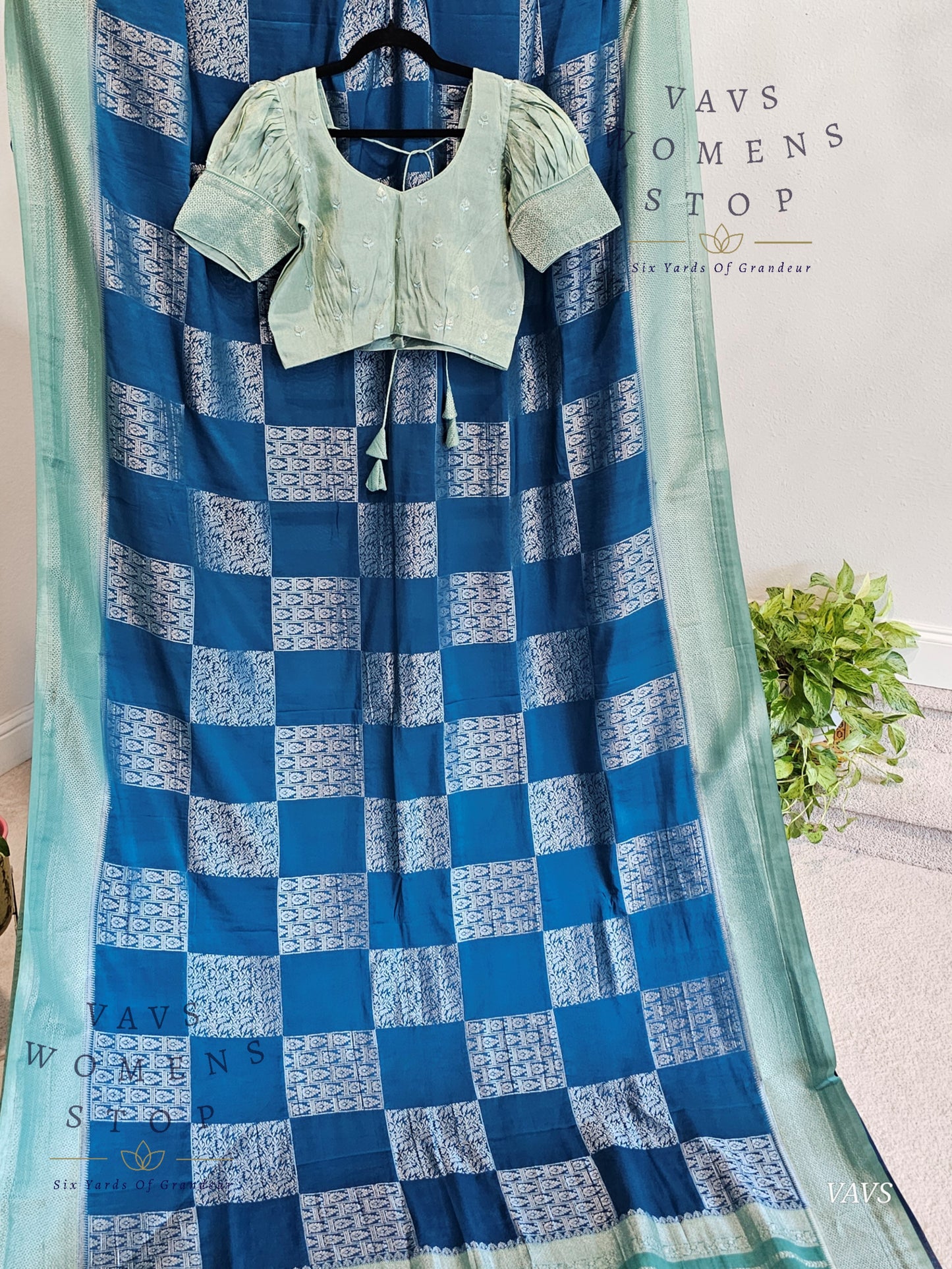Teal Blue Shade Semi-Crepe Chiffon Saree with Sea Green Border | Stitched Blouse Included