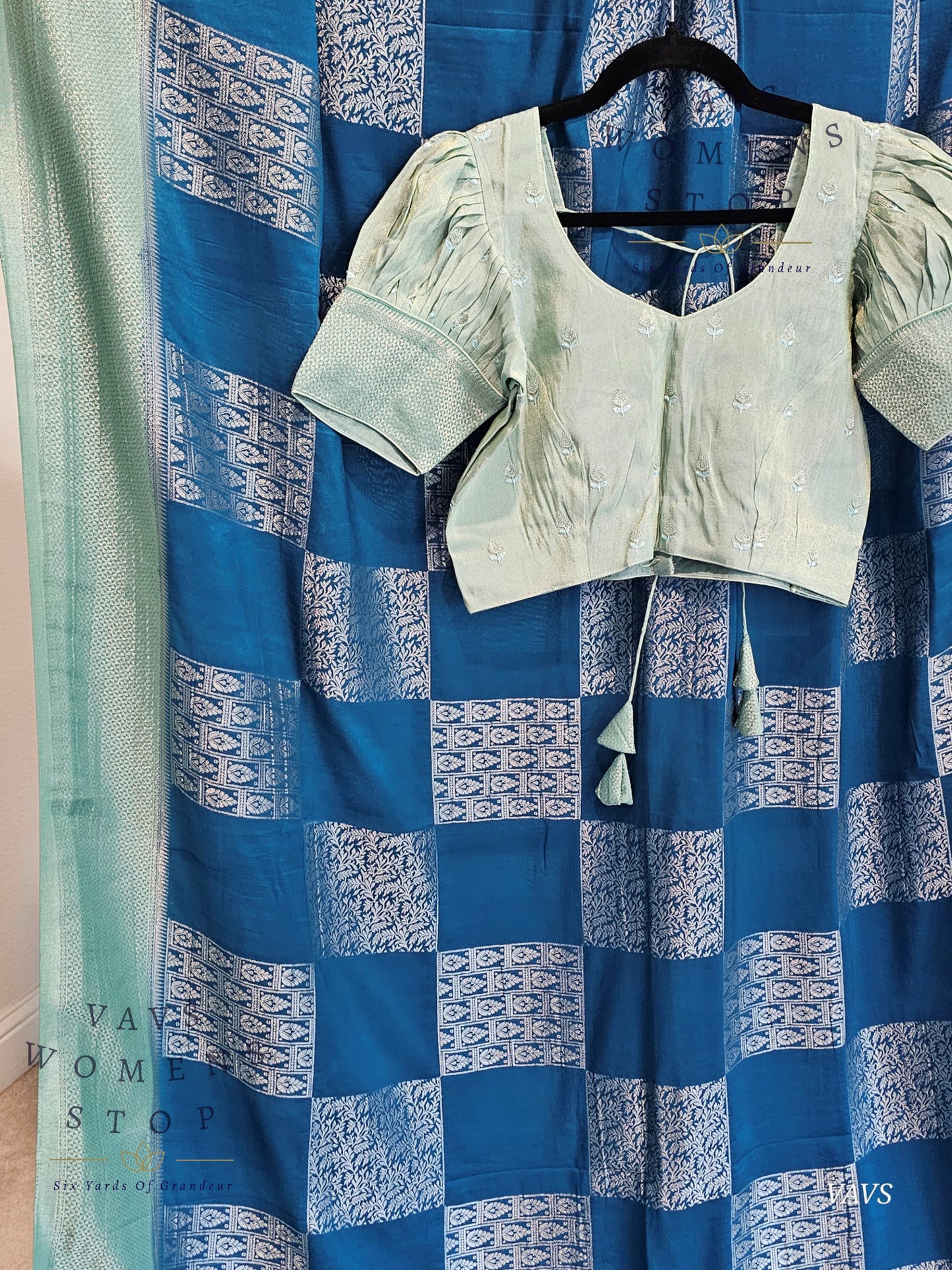 Teal Blue Shade Semi-Crepe Chiffon Saree with Sea Green Border | Stitched Blouse Included