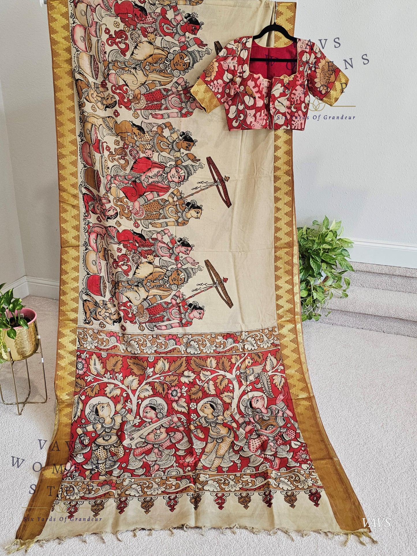 Bangalore Silk Kalamkari Hand-Painted Saree with Zari Border & Stitched Blouse