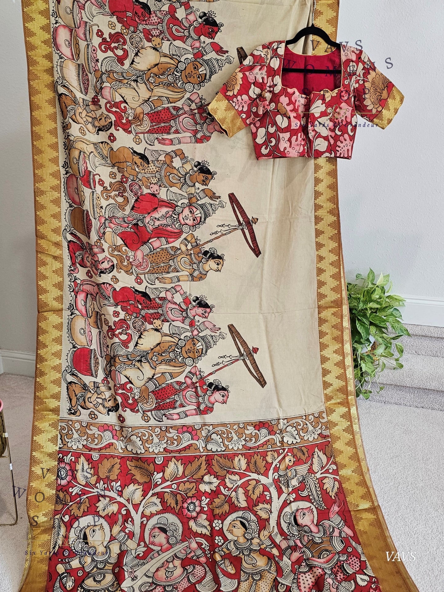 Bangalore Silk Kalamkari Hand-Painted Saree with Zari Border & Stitched Blouse