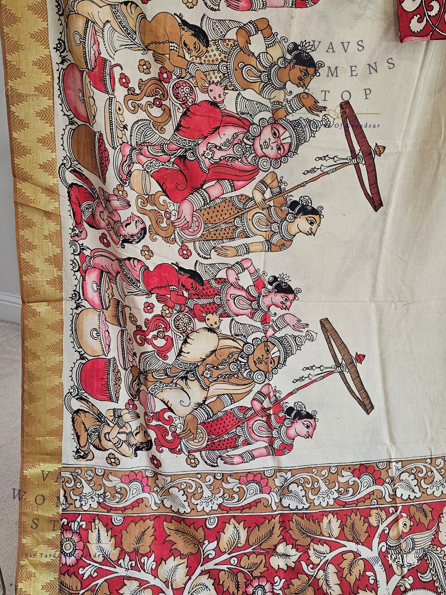 Bangalore Silk Kalamkari Hand-Painted Saree with Zari Border & Stitched Blouse