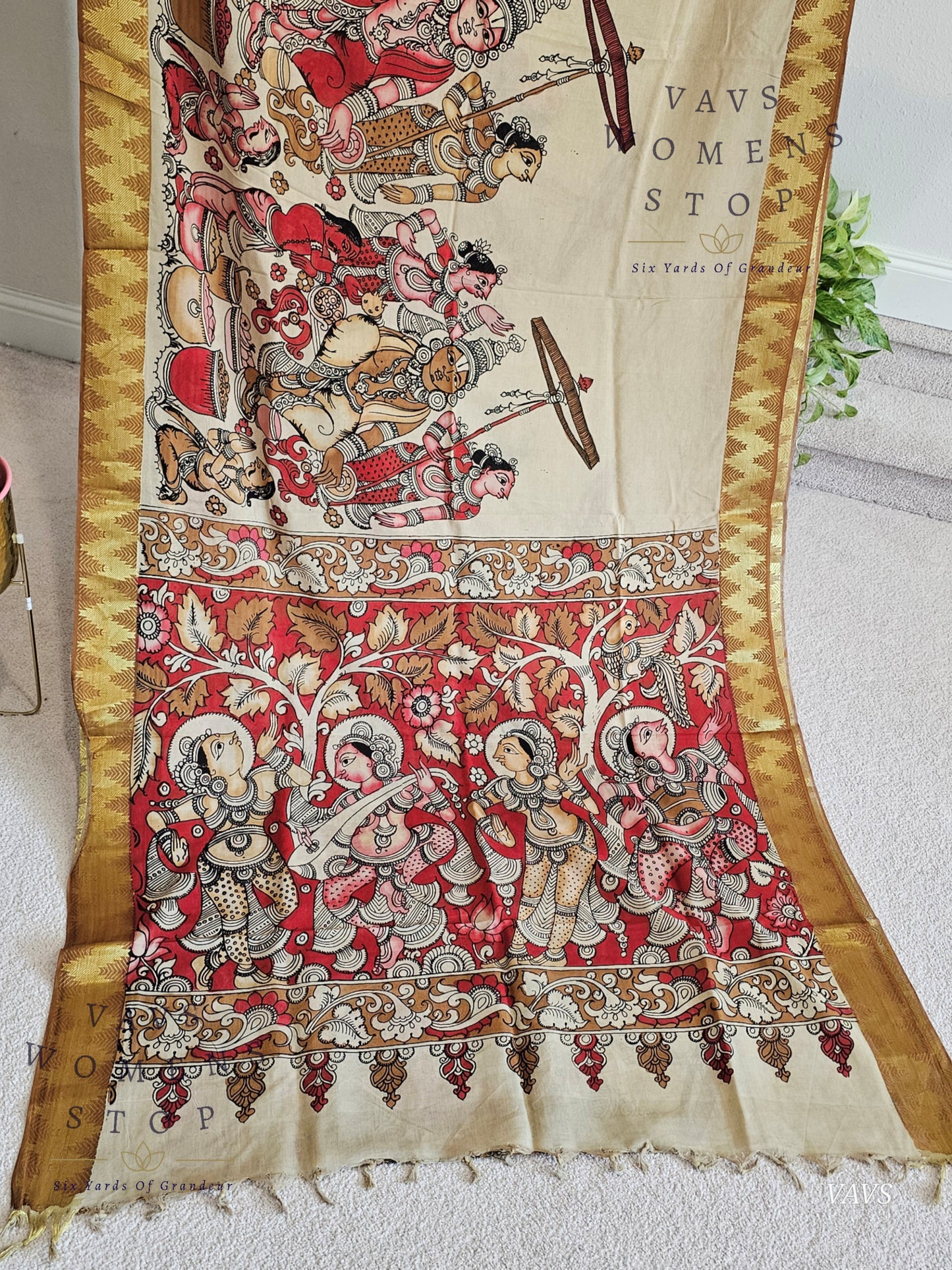 Bangalore Silk Kalamkari Hand-Painted Saree with Zari Border & Stitched Blouse