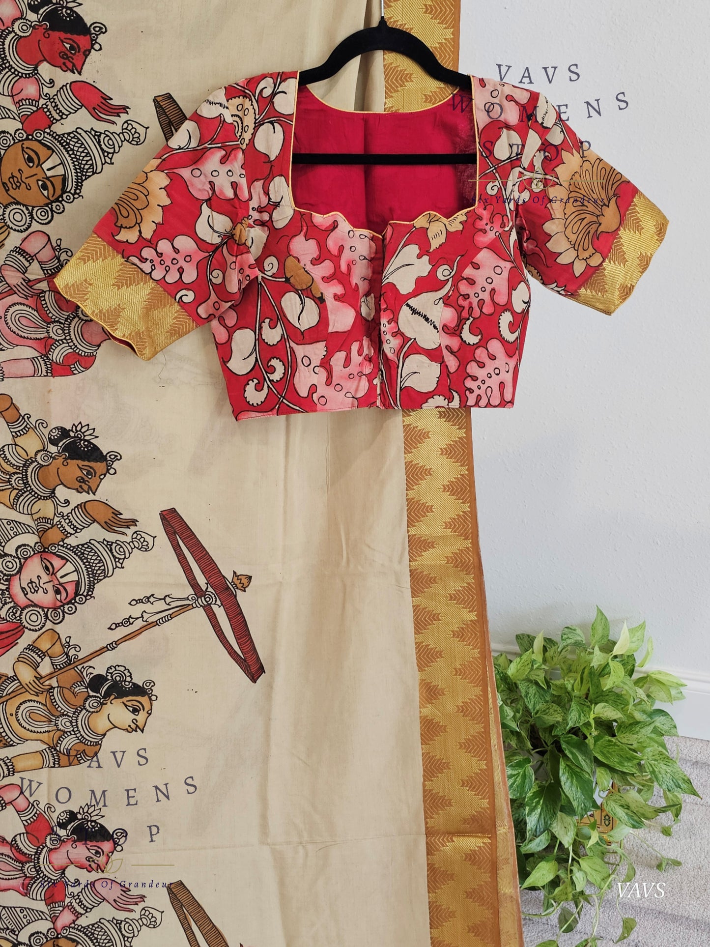 Bangalore Silk Kalamkari Hand-Painted Saree with Zari Border & Stitched Blouse