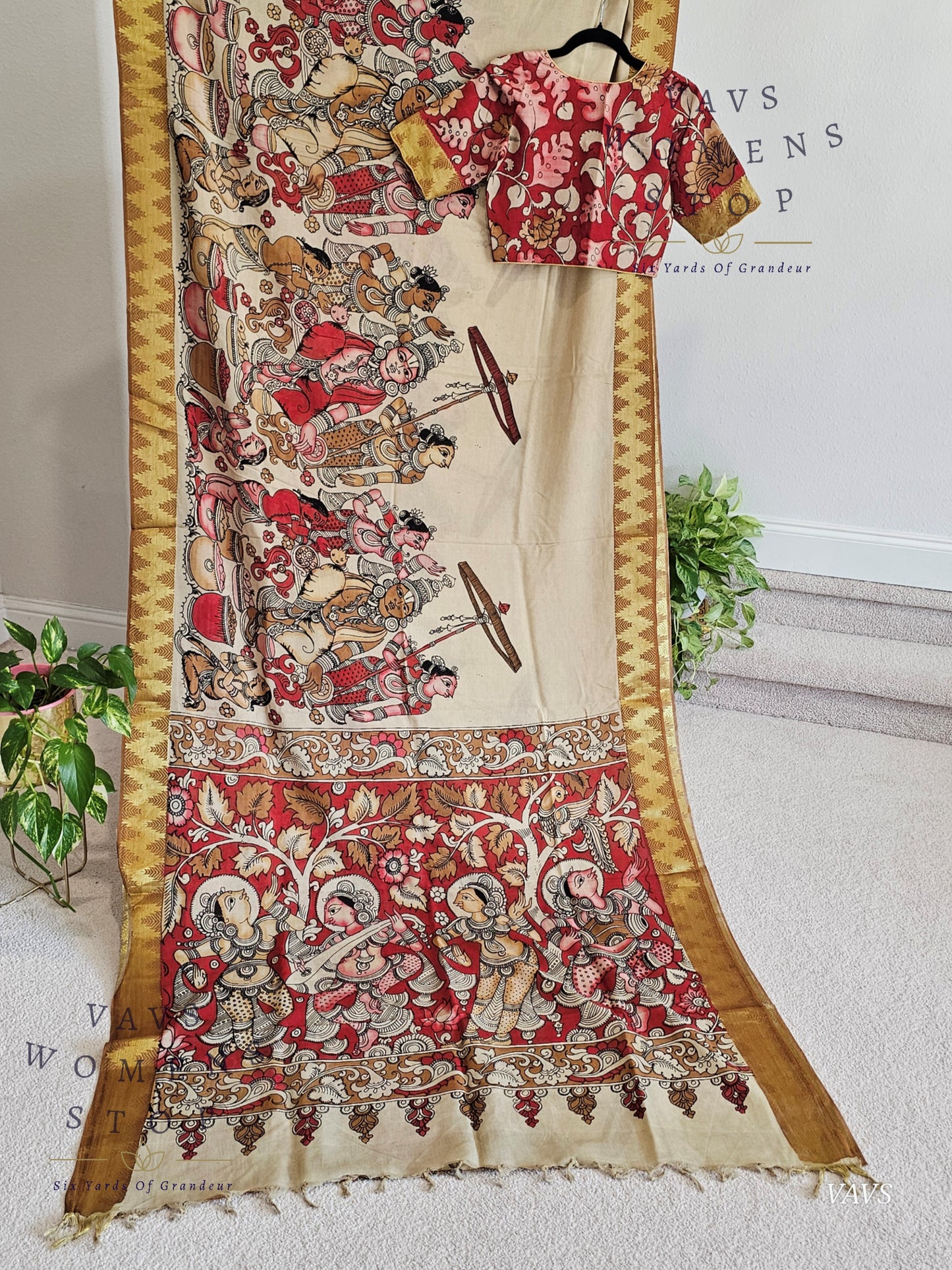 Bangalore Silk Kalamkari Hand-Painted Saree with Zari Border & Stitched Blouse