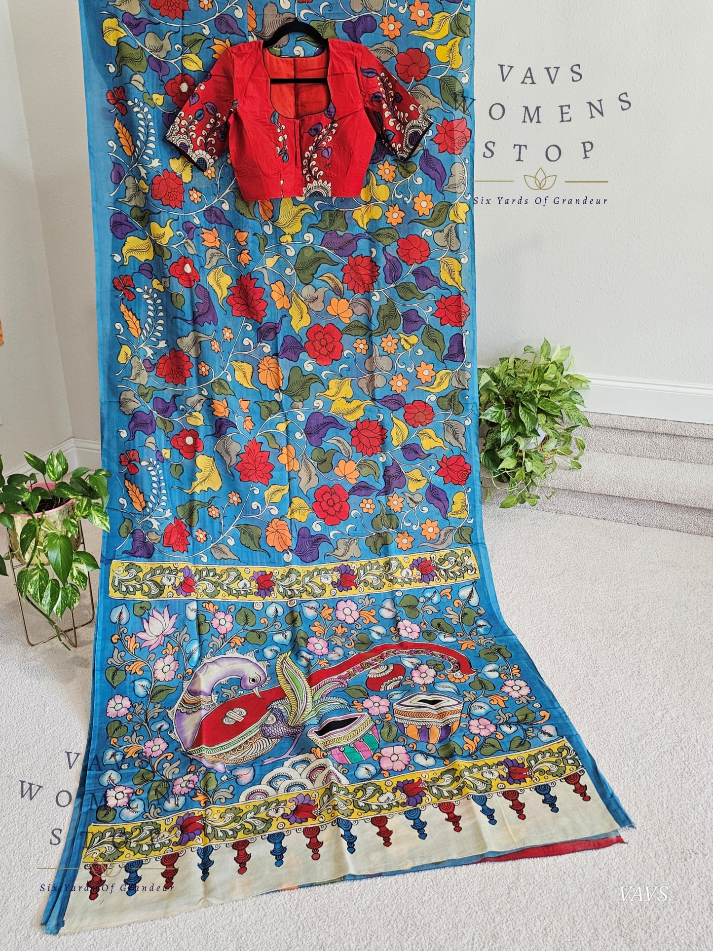 Bangalore Silk Kalamkari Hand-Painted Saree & Stitched Blouse