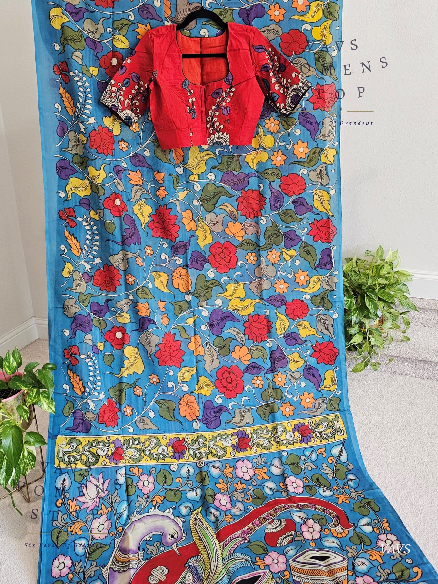 Bangalore Silk Kalamkari Hand-Painted Saree & Stitched Blouse