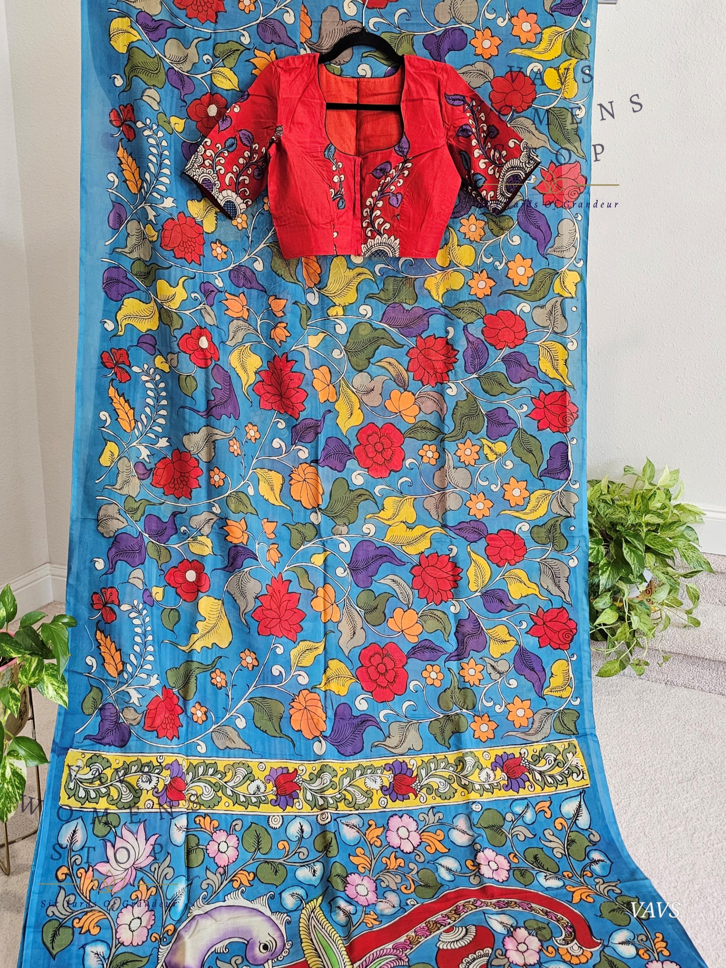 Bangalore Silk Kalamkari Hand-Painted Saree & Stitched Blouse