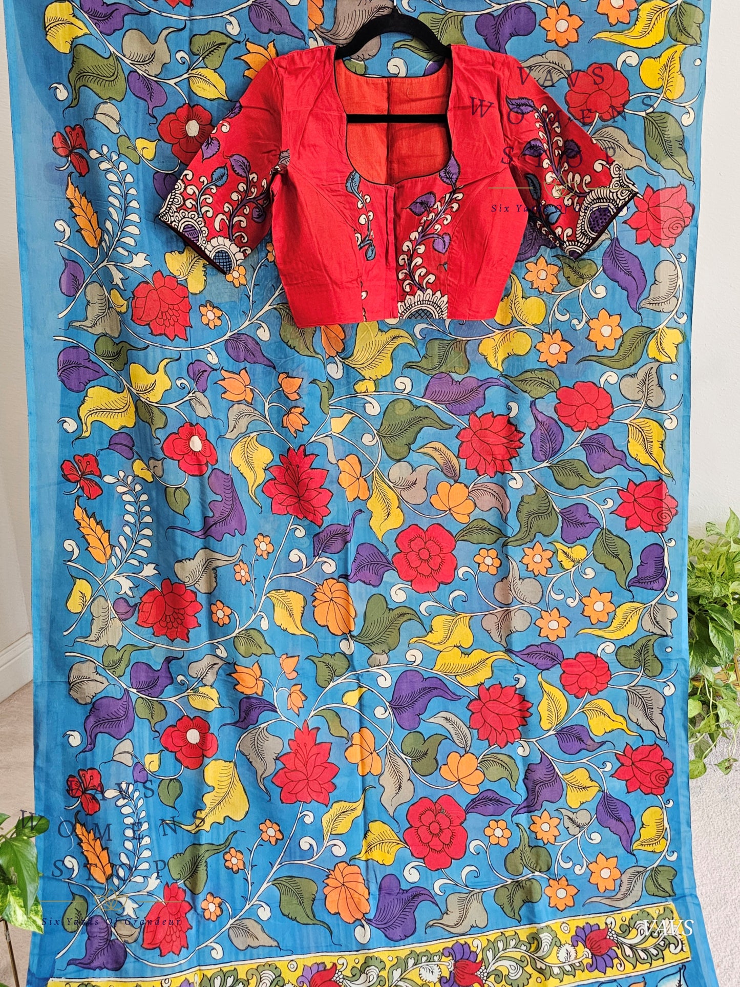 Bangalore Silk Kalamkari Hand-Painted Saree & Stitched Blouse