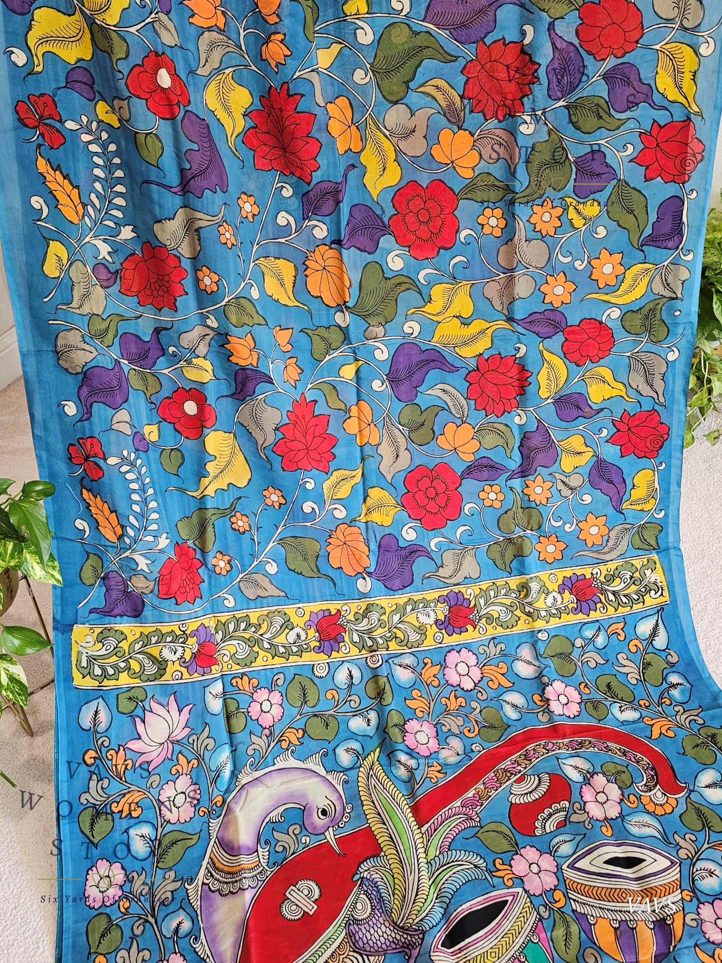 Bangalore Silk Kalamkari Hand-Painted Saree & Stitched Blouse