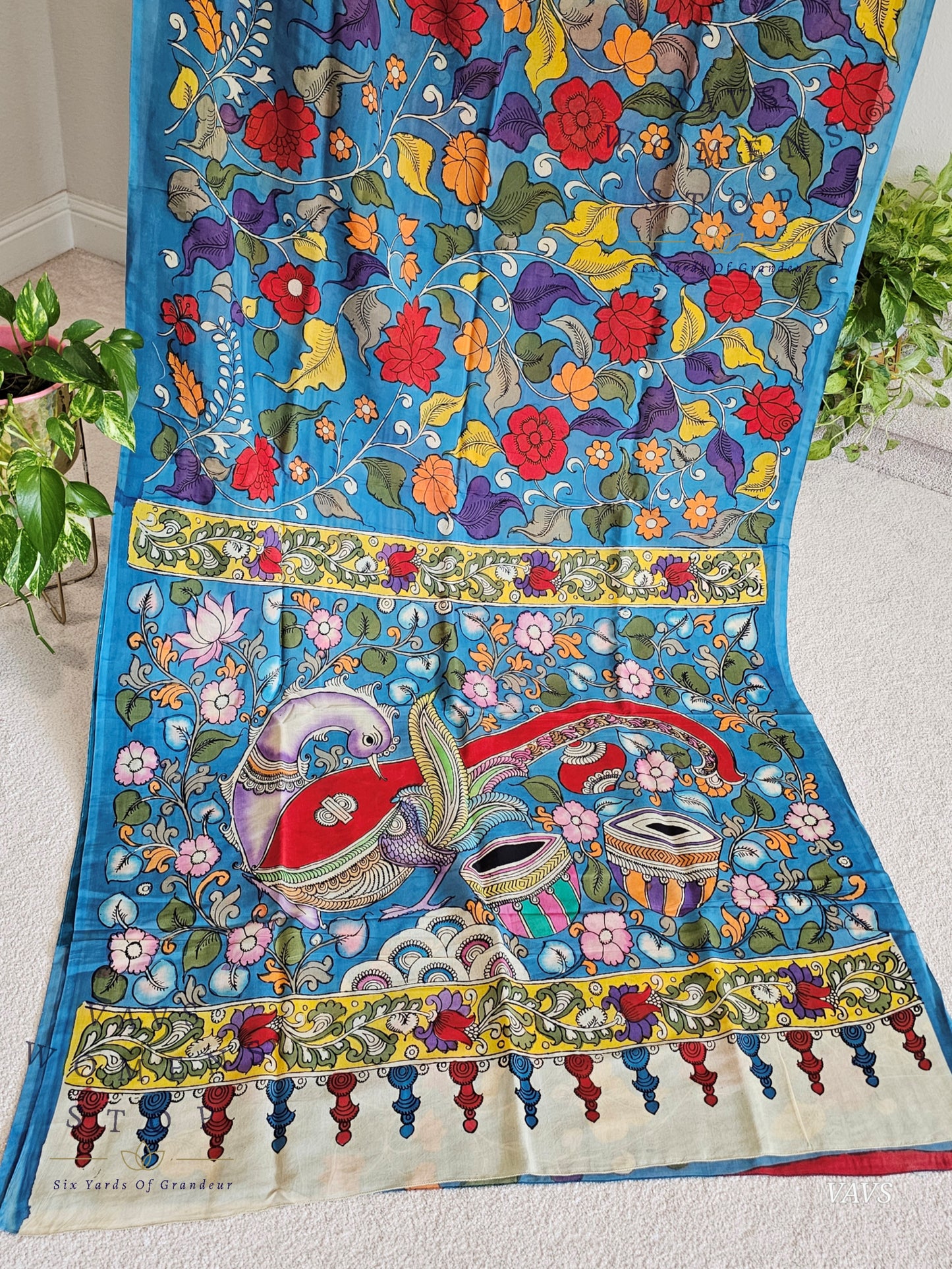 Bangalore Silk Kalamkari Hand-Painted Saree & Stitched Blouse