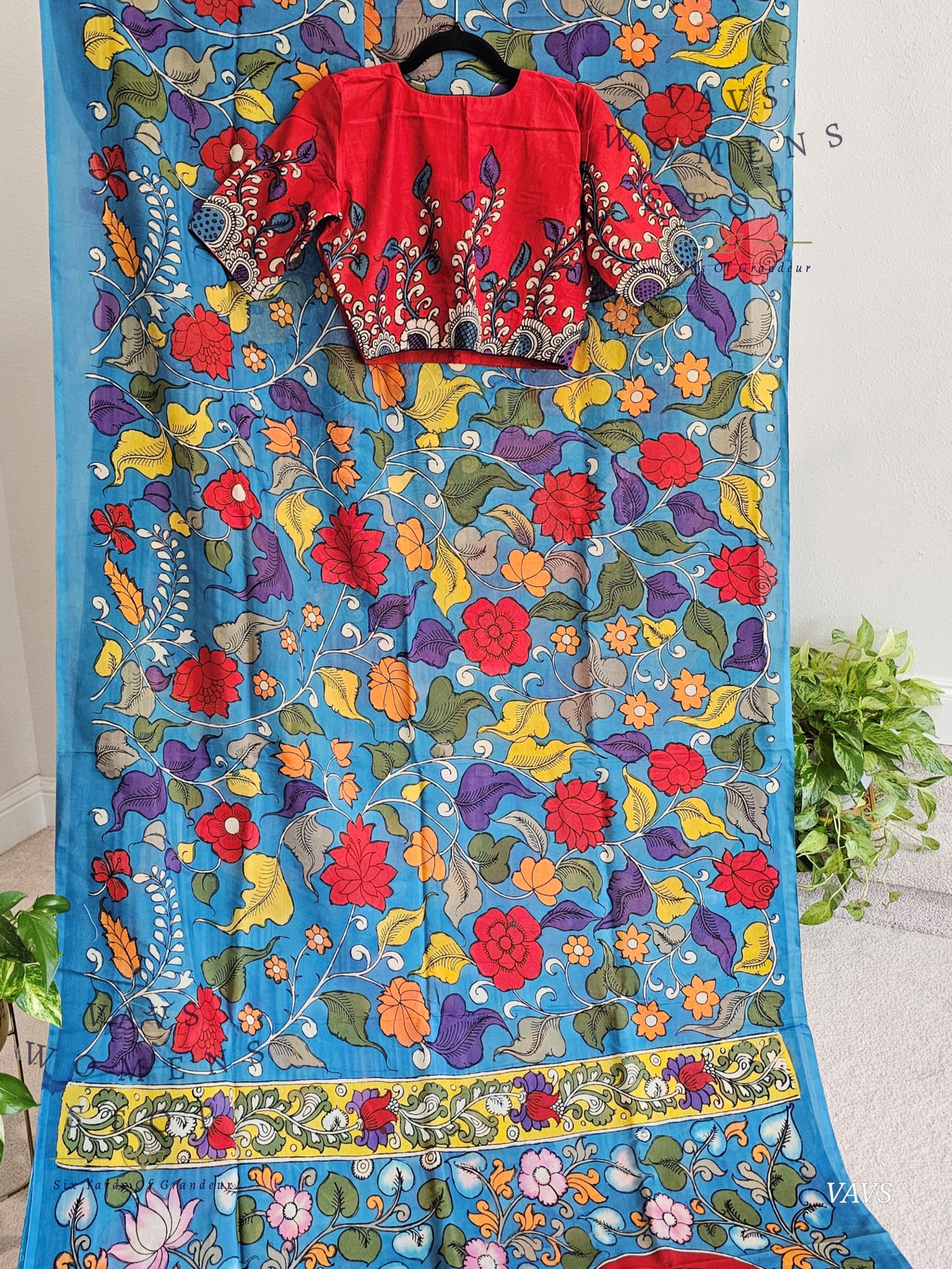 Bangalore Silk Kalamkari Hand-Painted Saree & Stitched Blouse