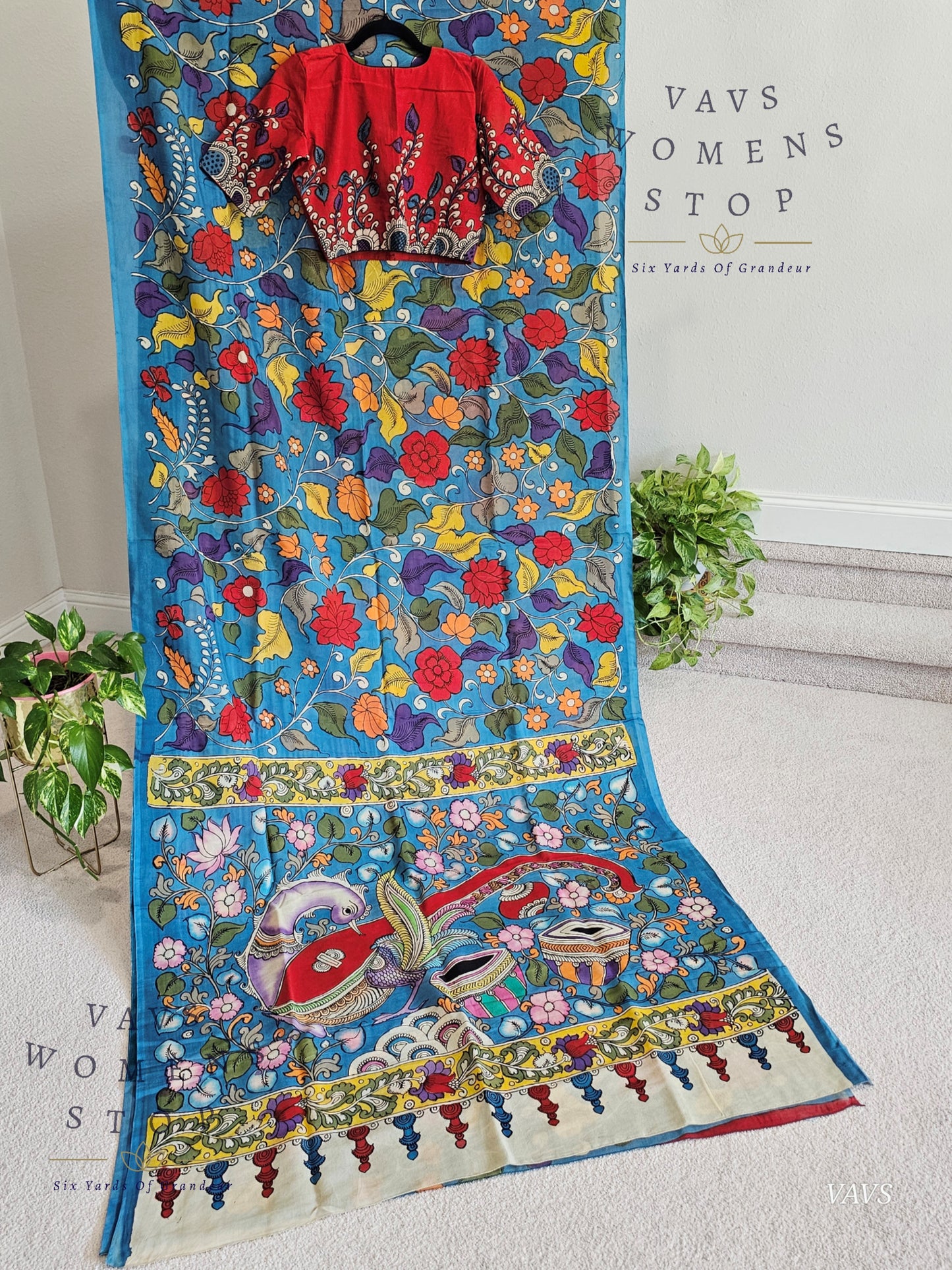 Bangalore Silk Kalamkari Hand-Painted Saree & Stitched Blouse