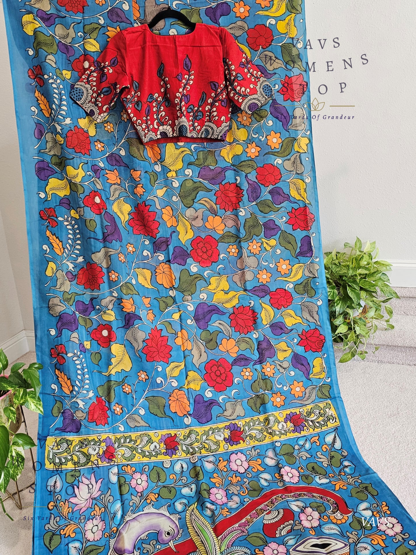 Bangalore Silk Kalamkari Hand-Painted Saree & Stitched Blouse