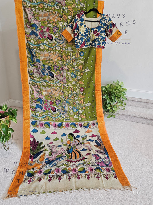 Bangalore Silk Kalamkari Hand-Painted Saree with Zari Border & Stitched Blouse