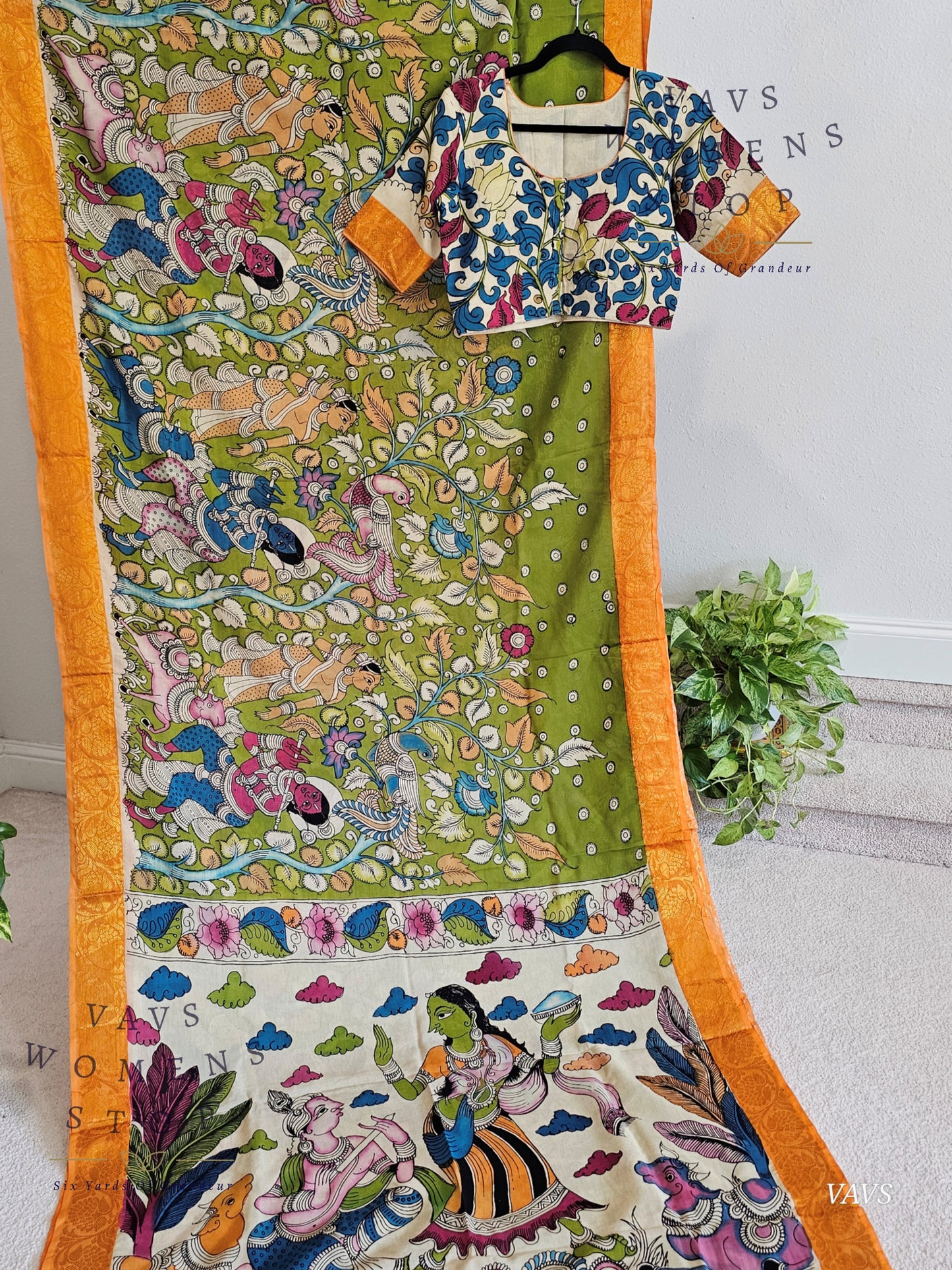 Bangalore Silk Kalamkari Hand-Painted Saree with Zari Border & Stitched Blouse