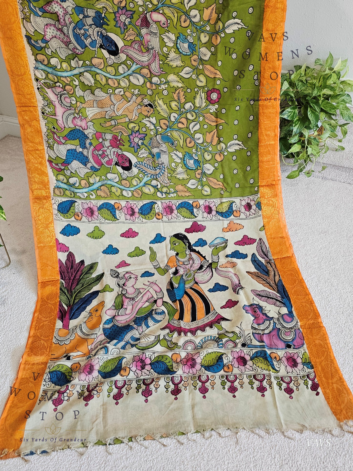 Bangalore Silk Kalamkari Hand-Painted Saree with Zari Border & Stitched Blouse