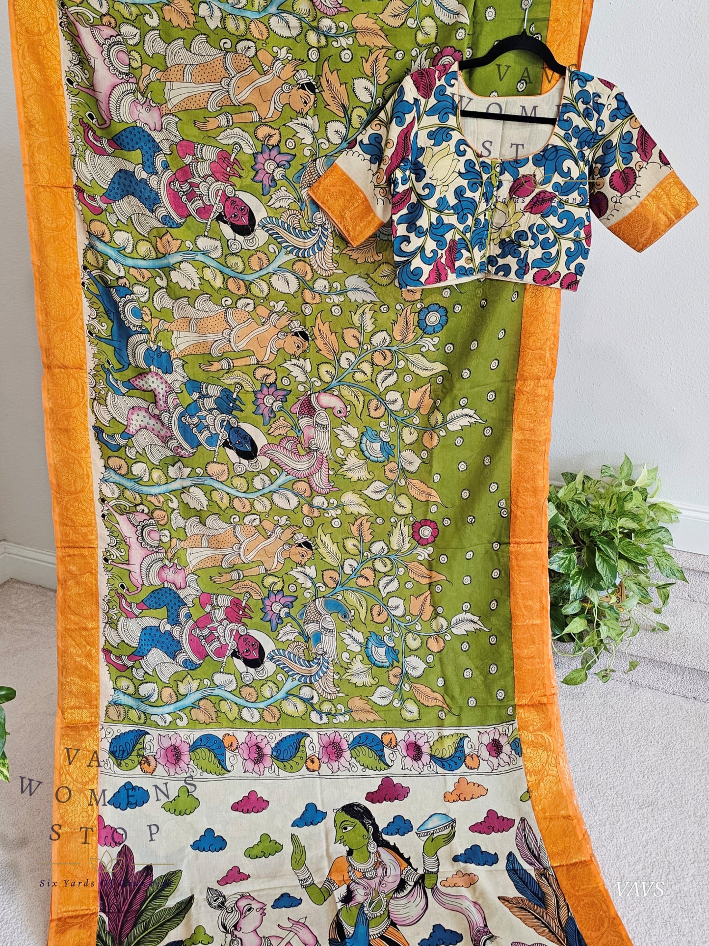 Bangalore Silk Kalamkari Hand-Painted Saree with Zari Border & Stitched Blouse