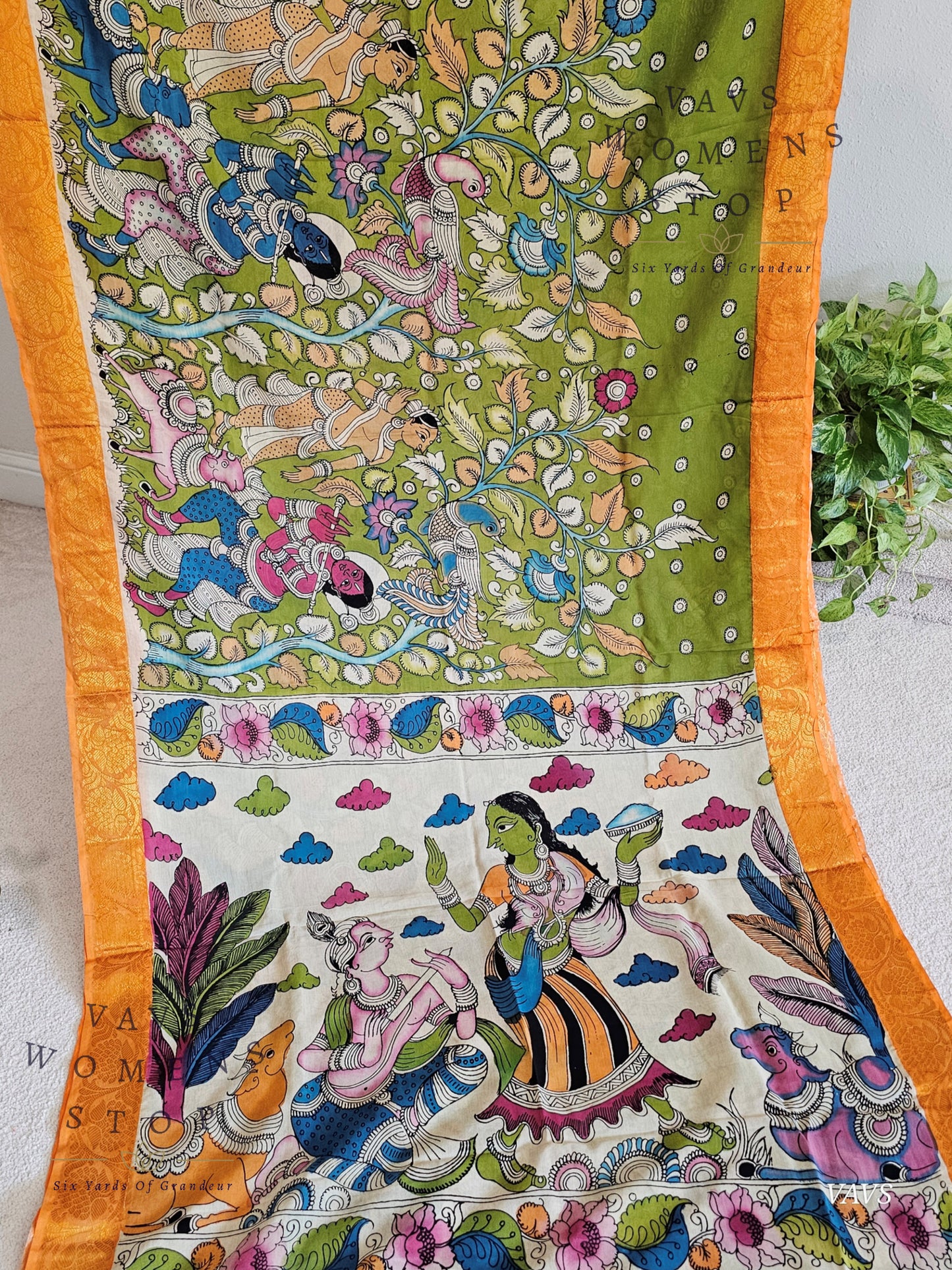 Bangalore Silk Kalamkari Hand-Painted Saree with Zari Border & Stitched Blouse